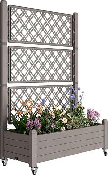 Resin Raised Garden Bed with Trellis and Wheels - Plasitc Planter Box with Trellis Outdoor with Drainage Holes & Water Monitor for Climbing Plants, Flower, Light Brown61.2" H