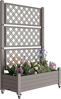 Resin Raised Garden Bed with Trellis and Wheels - Plasitc Planter Box with Trellis Outdoor with Drainage Holes & Water Monitor for Climbing Plants, Flower, Medium Gray(61.2" H)