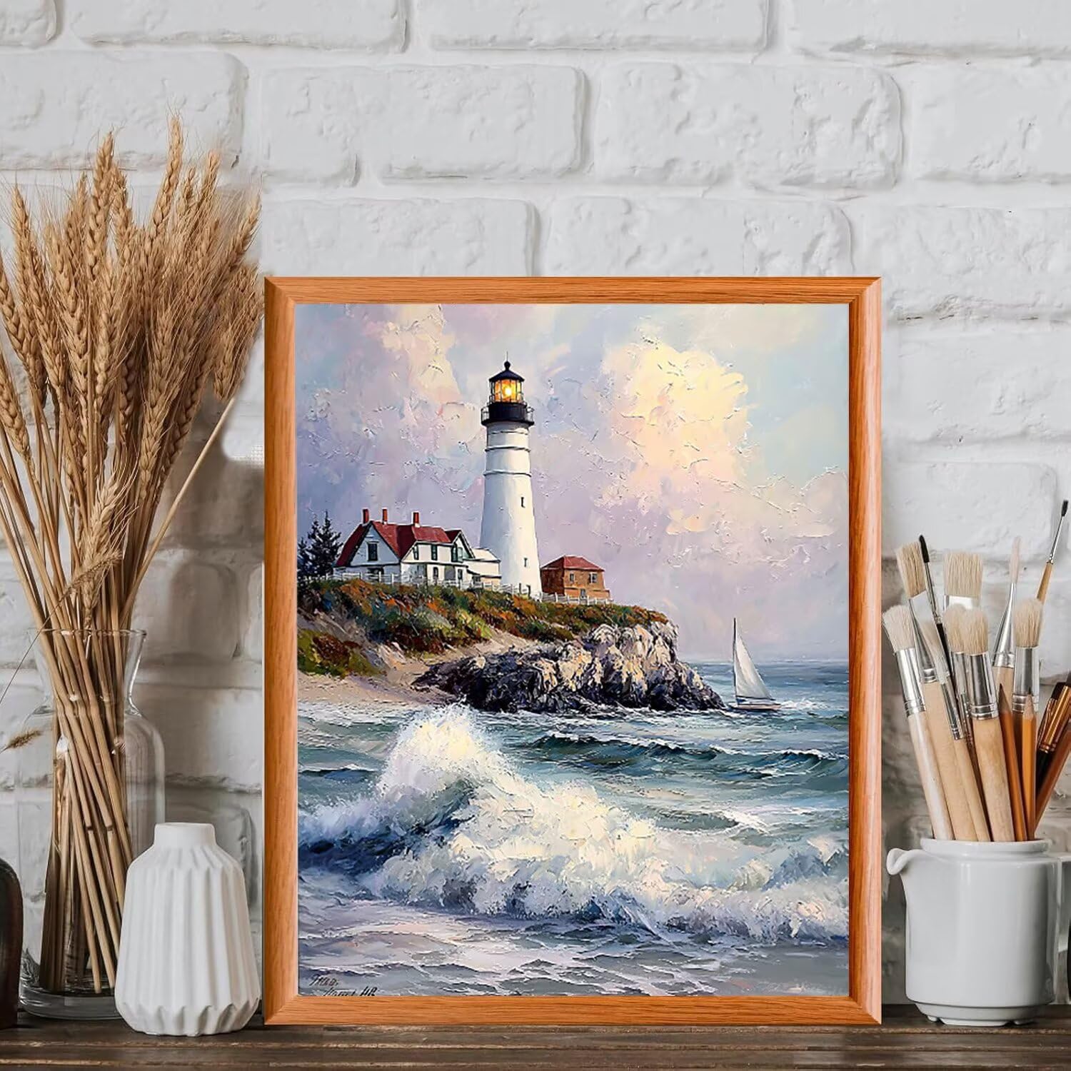 Welle mit Leuchtturm Malen Nach Zahlen Erwachsene Anfänger, 80x100cm c-303 | Malen nach Zahlen Erwachsene Leinwand Kit, DIY Handgemalt Ölgemälde Set mit 3-Pinseln und Acrylfarbe für Wanddeko,Ohne Rahmen