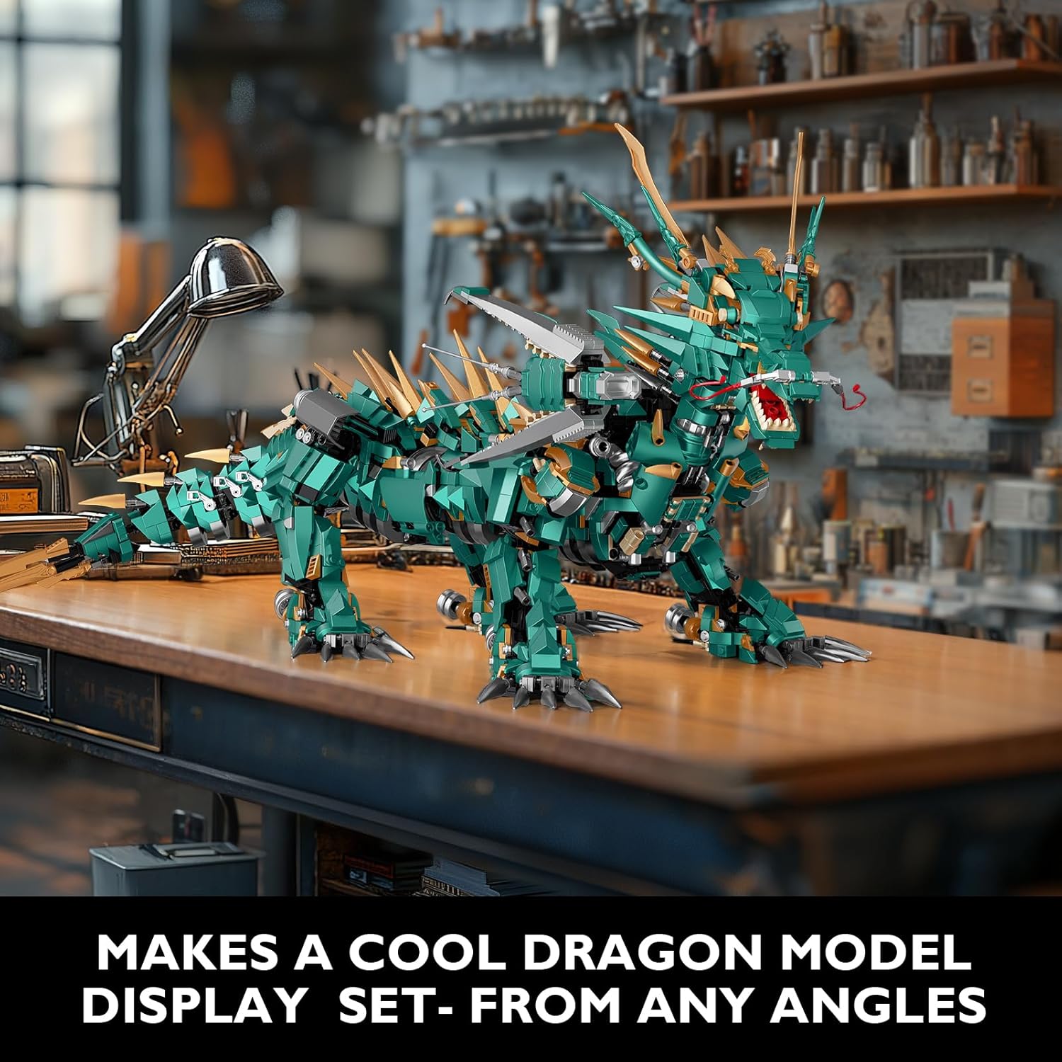 The JMBricklayer Dragon Toy Building Set 70174 displayed on a wooden table in a home setting.