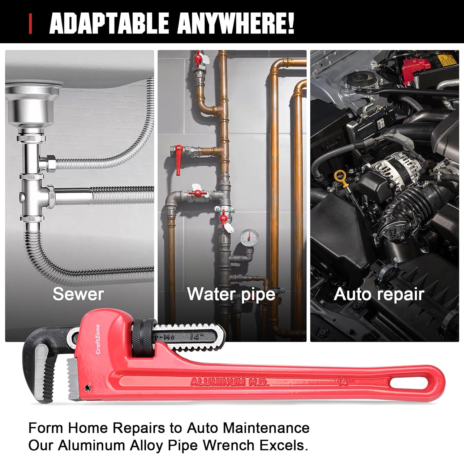 4-Piece Aluminum Pipe Wrench Set (10-Inch, 14-Inch, 18-Inch, 24-Inch), Heavy-Duty Adjustable Straight Plumbing Wrenches, Drop-Forged Jaws, Lightweight Design, Versatile for Plumbing & Home Repair