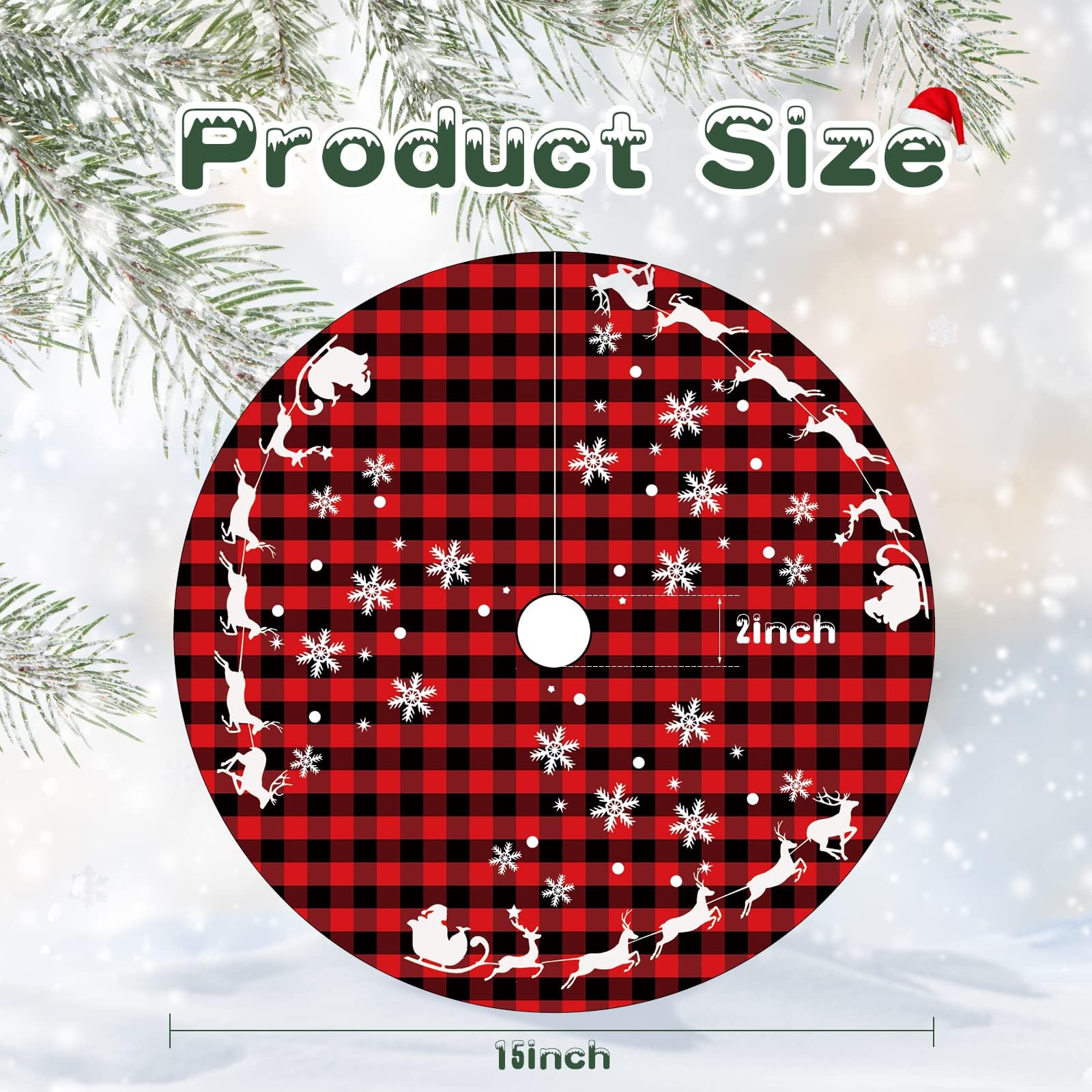 2-Piece Mini Christmas Tree Skirt - 15 Inch Buffalo Check Plaid Tree Skirt - Red & Black Plaid - Snowflake, Reindeer & Santa Designs