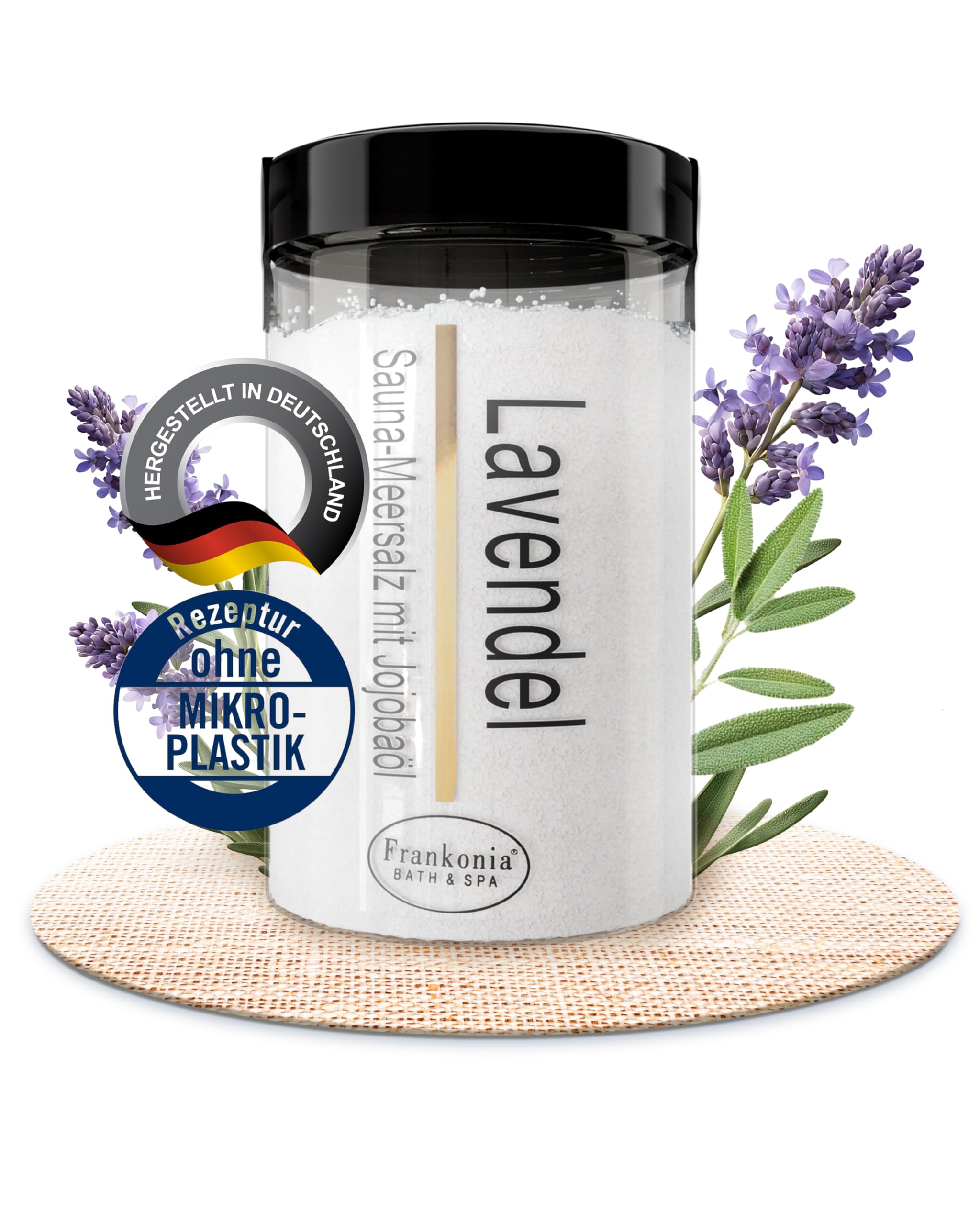 Frankonia BATH & SPA Sauna Salz Peeling Lavendel – 400 g Meersalz-Körperpeeling mit Jojobaöl & Vitamin E – Dusch- & Body Scrub für alle Hauttypen – Vegan & ohne Parabene – ohne Microplastik