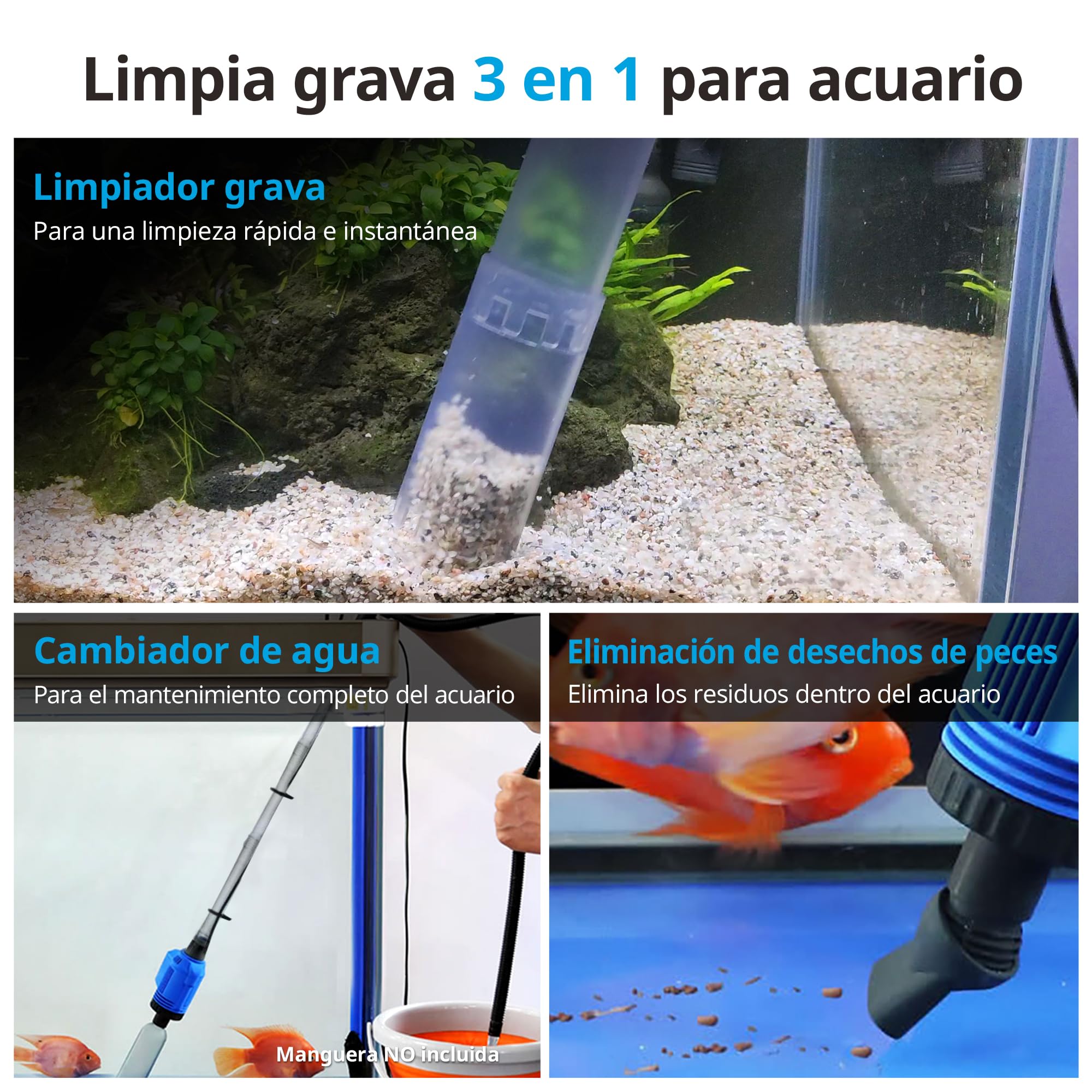 NICREW 3 en 1 Aspirador Automático para Acuario, Limpiador de Grava con Esponja de Filtro, Aspirador de Grava Eléctrica Adecuada para Acuarios Medianos y Grandes, 800 L/H, 16W