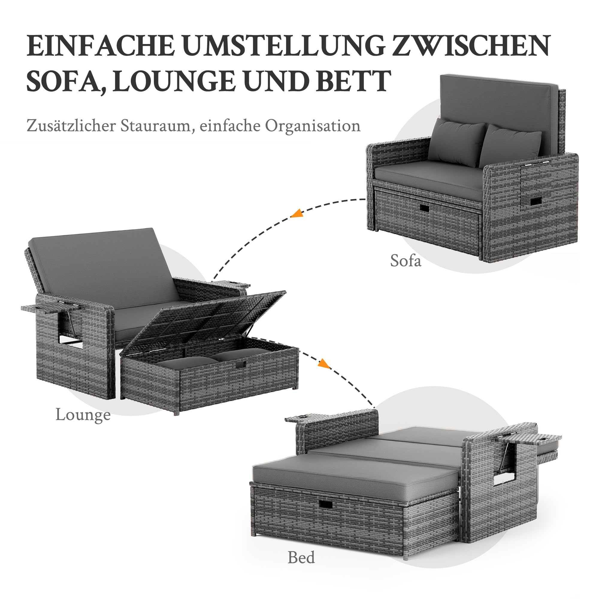 Amopatio Rattan Gartenlounge Outdoor Set, 2-Sitzer Gartensofa mit Verstellbarer Rückenlehne und Stauraum, Wetterfestes Lounge Möbel für Balkon und Terrasse, mit Hocker und Kissen, Grey