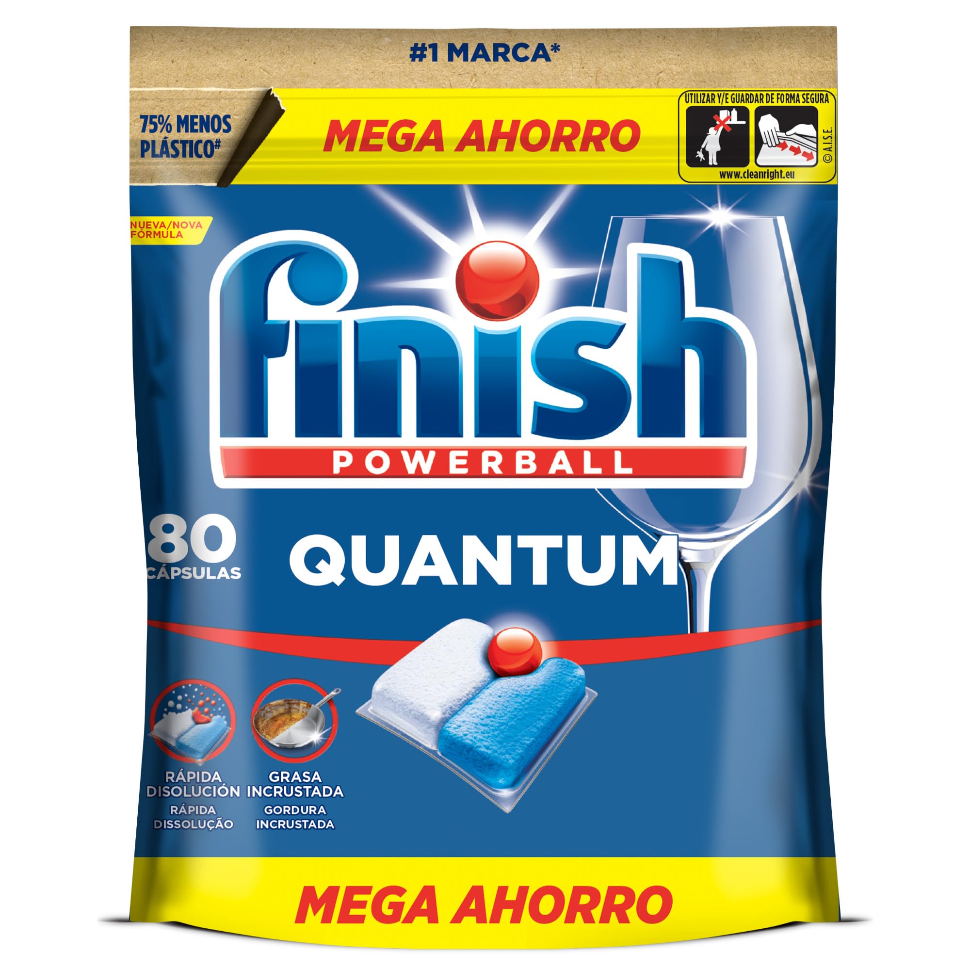 Finish Powerball Quantum All in 1 Pastillas para el lavavajillas todo en 1, limpieza profunda y brillo superior, 80 pastillas