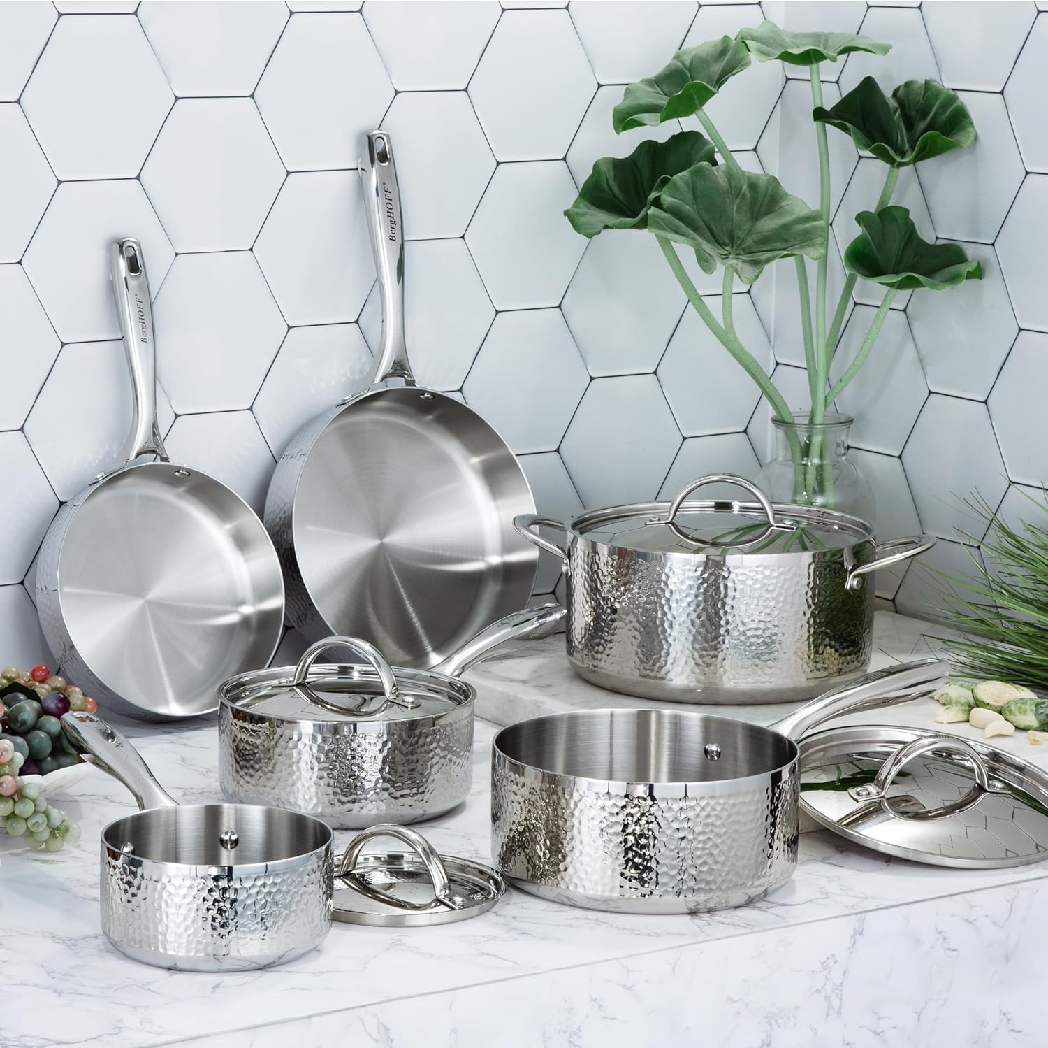 Vintage Tri-Ply 18/10 Stainless Steel 10Pc Cookware Set With Matching Lids, Hammered, Induction Cooktop, Even Heat, Silver