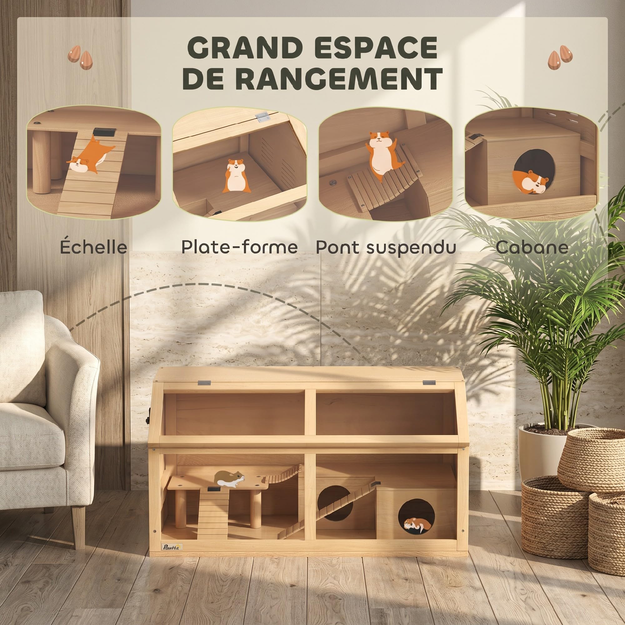 PawHut Cage Hamster en Bois avec Acrylique, Habitat spacieux pour Rongeur avec Ventilation, Accessoires et Couvercle ouvrant, Terrarium pour gerbilles et Souris, Effet Bois Naturel, 85x45x44cm