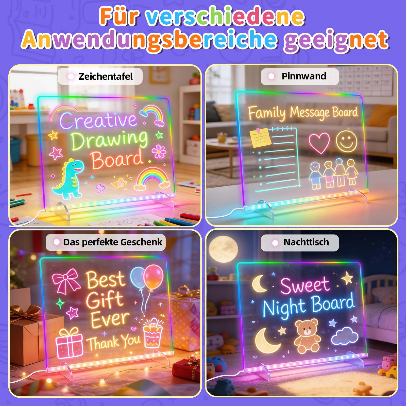 LED Zeichenbrett Kinder, Kreatives Lernspielzeug mit 14 Neon Stiften, Leuchttafel mit 8 Farben & 6 Lichtmodi, Wiederverwendbare Maltafel für Mädchen Jungen 4-8 Jahre, Geschenk Set