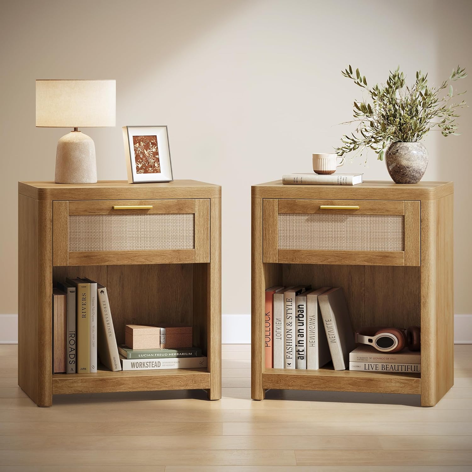 VASAGLE ELLAN Collection - Boho Nightstands with Rattan-Look Drawer, Set of 2 Accent Side End Tables with Open Compartment, Rounded Corners, for Bedroom Bedside, Oak Beige ULET818YC01