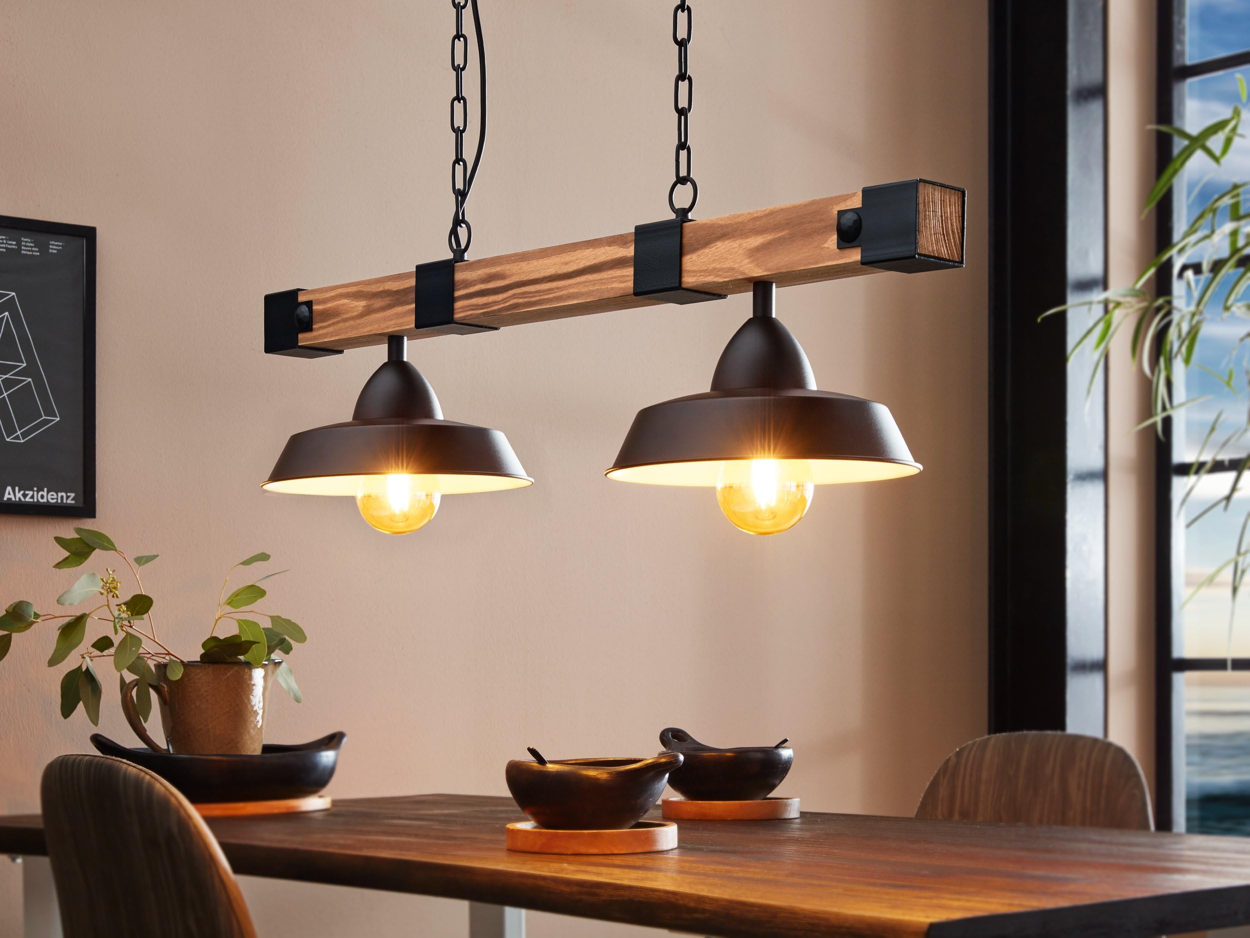 EGLO Pendellampe Oldbury 2 flammige Vintage Pendelleuchte | im Industrial Design, Hängelampe aus Stahl und Holz, Farbe: Schwarz, braun rustikal, Fassung: E27, L: 86 cm