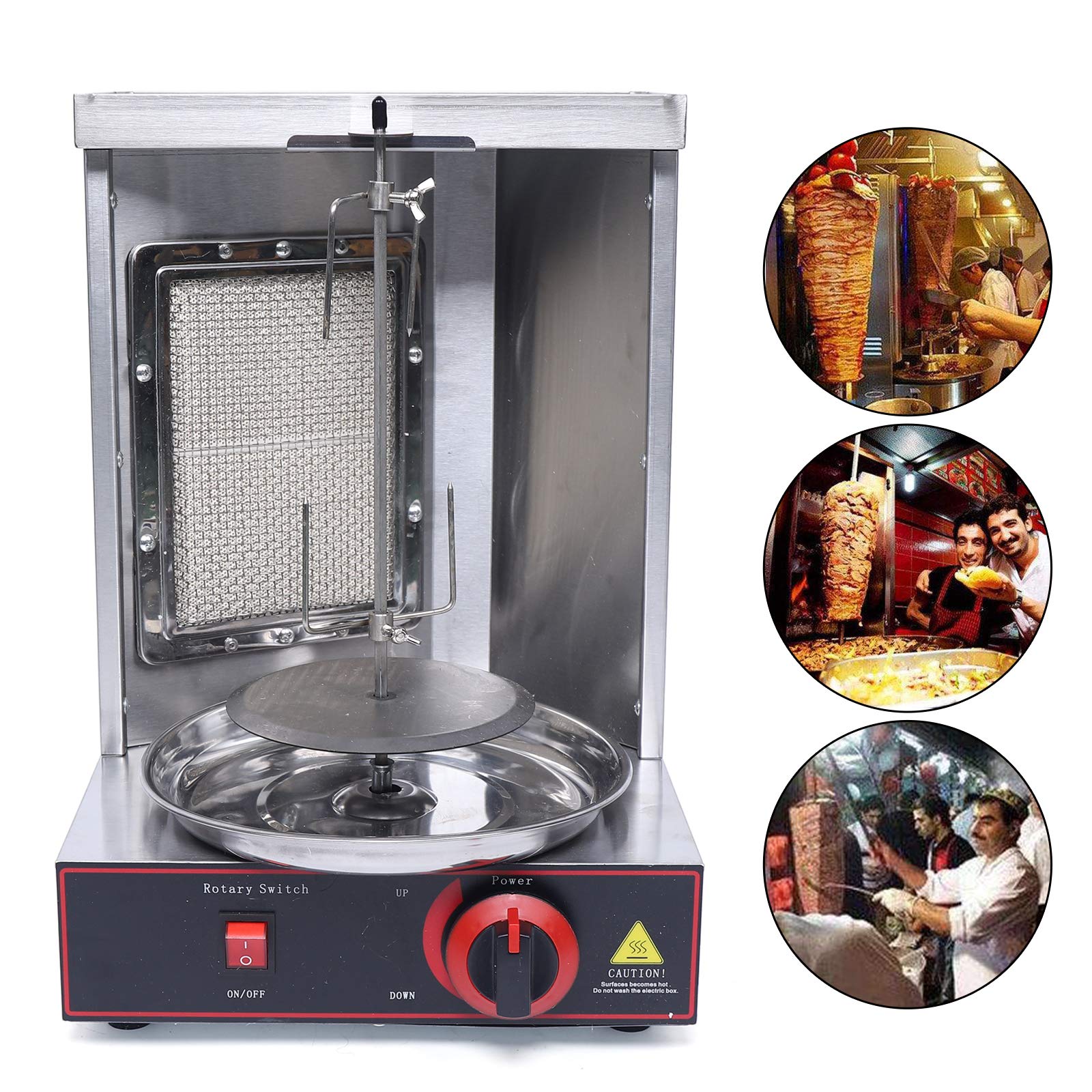 Barbacoa vertical de 220 V de acero inoxidable de gas, girosserie de döner de gas, kebab, máquina de barbacoa vertical para el hogar, color plateado