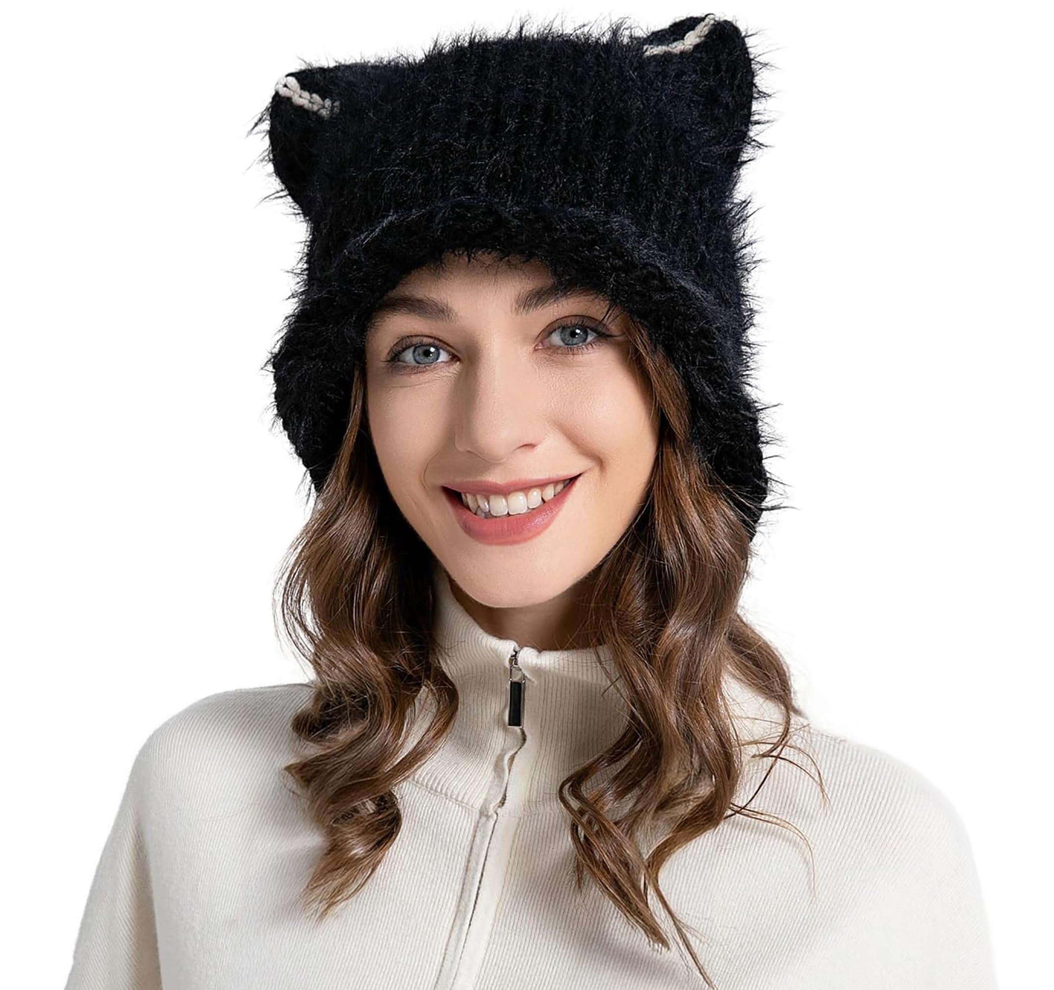 ZLYC Women Crochet Hat Knit Cat Ear Slouchy Beanie Cute Vintage Grunge Fuzzy Hat