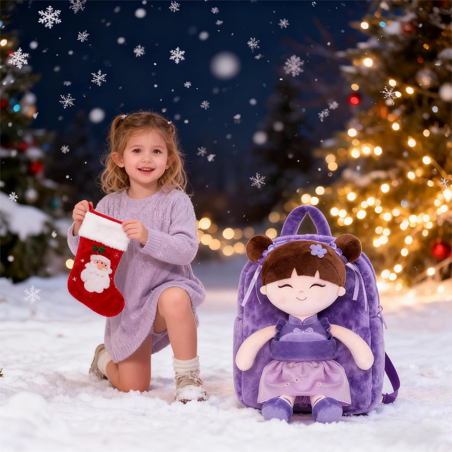 Gloveleya Back to School Gifts for Girls Kids Backpack Toddler Backpack Soft Plush Asian Girl Doll Backpacks Purple 9" - Image 5