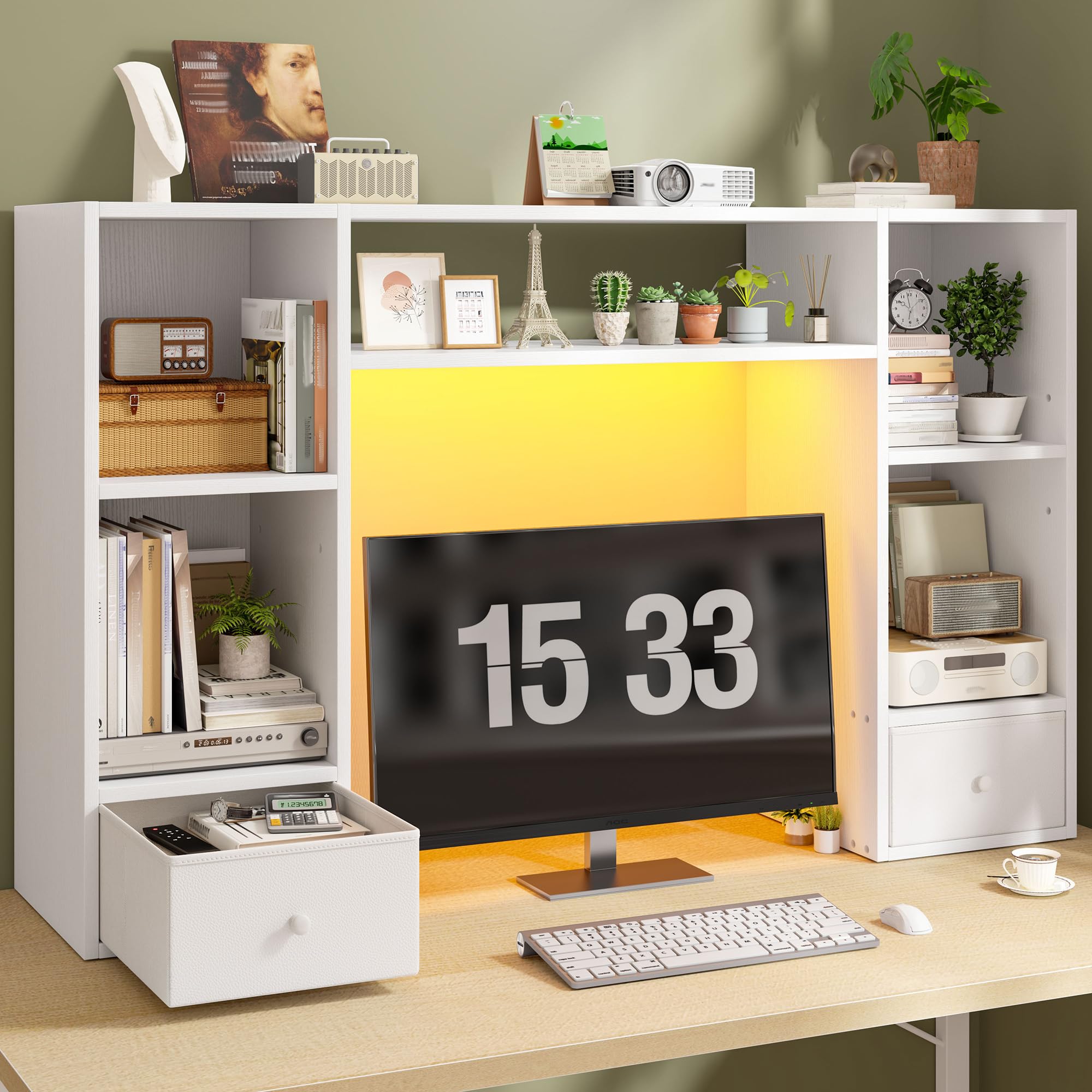 REIBII Desktop Bookshelf with LED Lights,47.2" Desktop Organizer with 6 Shelves and 2 Drawers for Top of Desk,Multipurpose Desk Hutch Dorm with