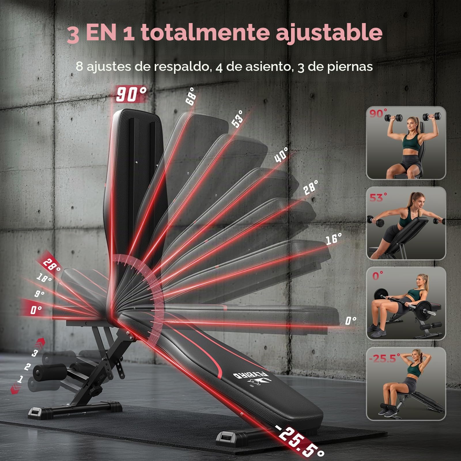 Banco de pesas regulable, plegable y fácil de guardar, posiciones plana/inclinada/declinada/vertical para entrenamiento integral en casa y oficina, preensamblado al 80%