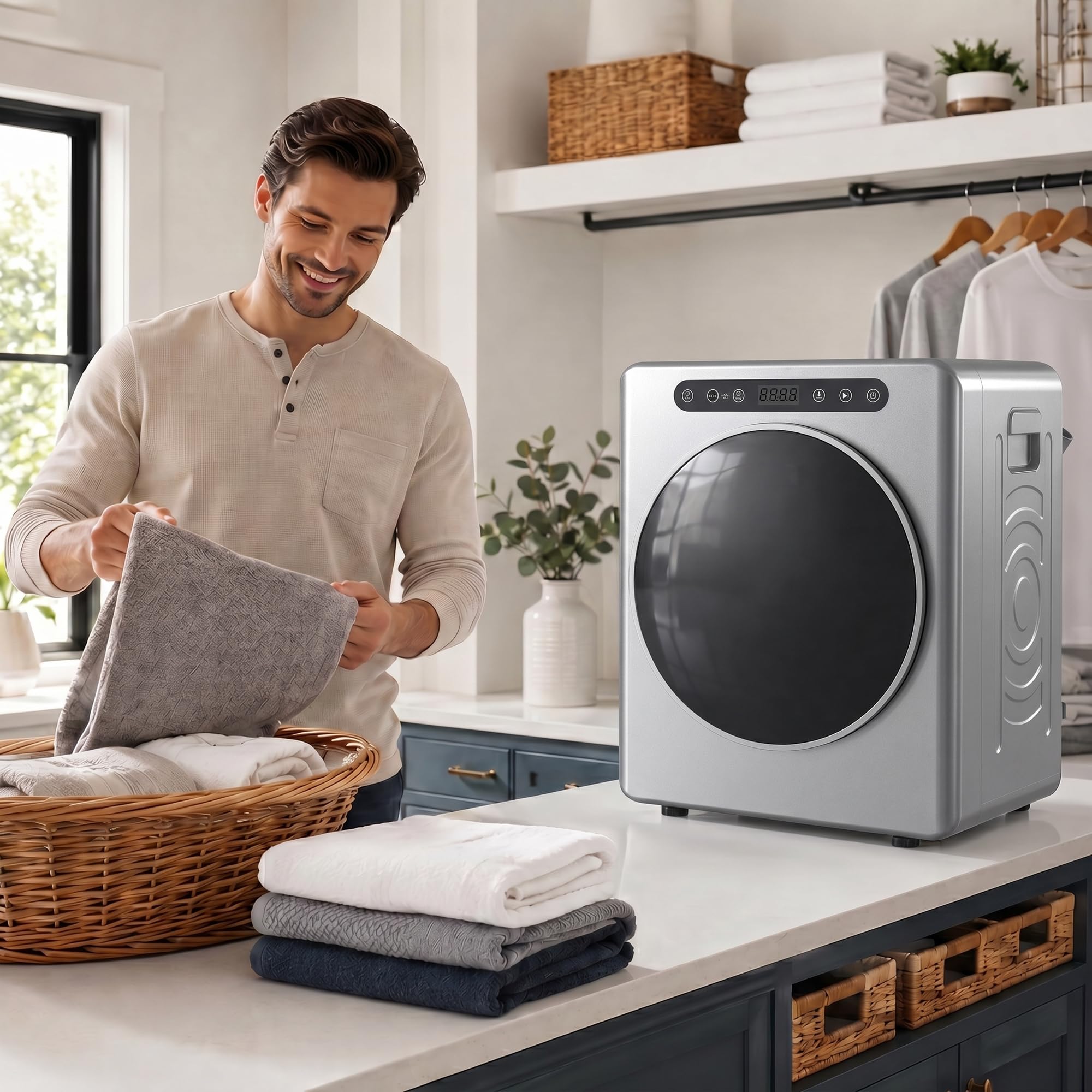 HOMCOM Mini suszarka z wywiewem 5 kg, ze sterylizacją, 6 programów do 60°C, 1000 W, z ekranem dotykowym, program wsteczny nie gniecie się, ze stali nierdzewnej, tryb ekstra suszenia, kolor srebrny