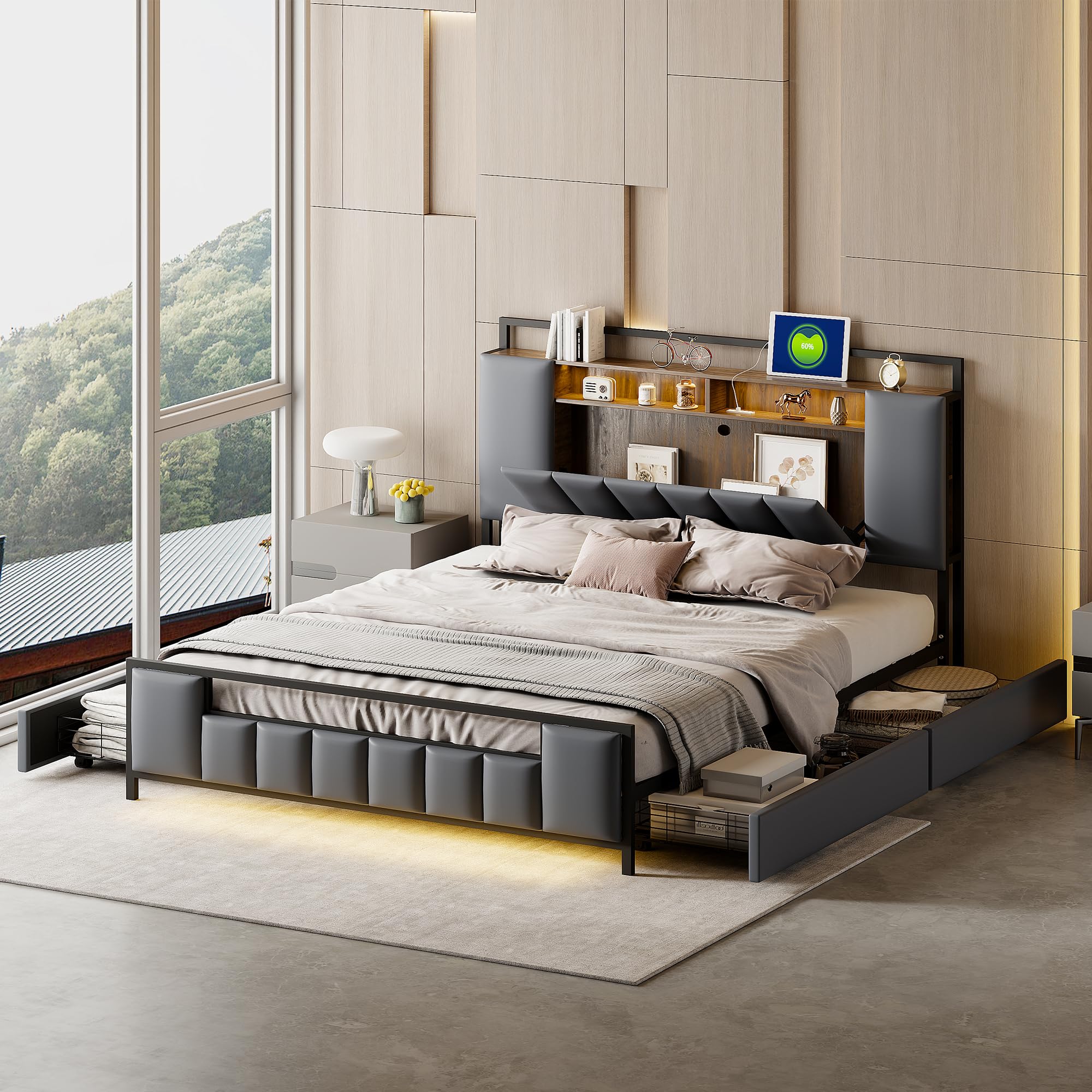 Moimhear Letto imbottito 160 x 200 cm, letto matrimoniale con testiera e schienale allungati, con ripiani su entrambi i lati della testiera, letto per ragazzi in tessuto velour (grigio
