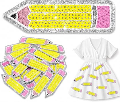 Lyrow 15 Pack Pencil Iron on Patches, Sequin School Classroom Appliques