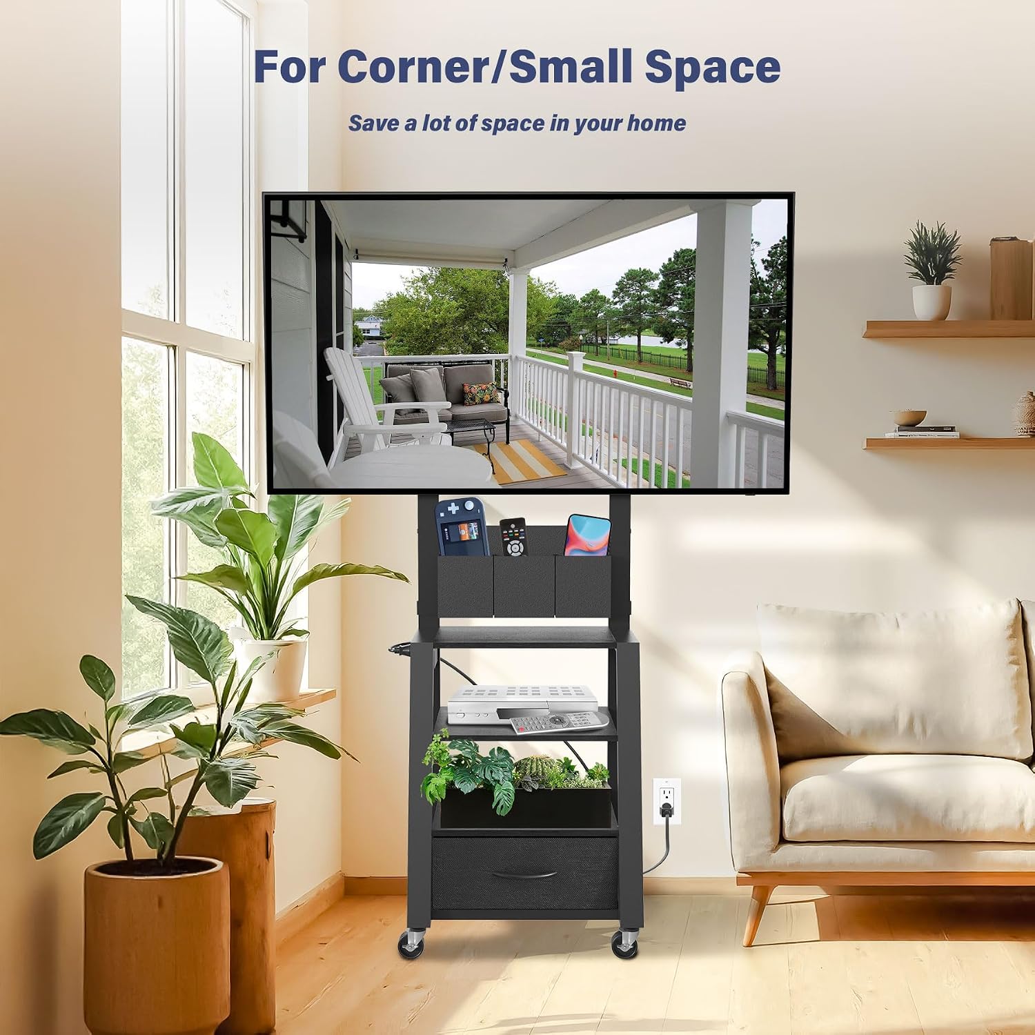 Rolling TV Stand with Power Outlet & 4-Tier Storage for 23"-60" Flat/Curved Screen up to 160lbs LCD/LED/OLED Adjustable Height Mobile TV Cart for Home Office Outdoor Max VESA 400x400mm Black