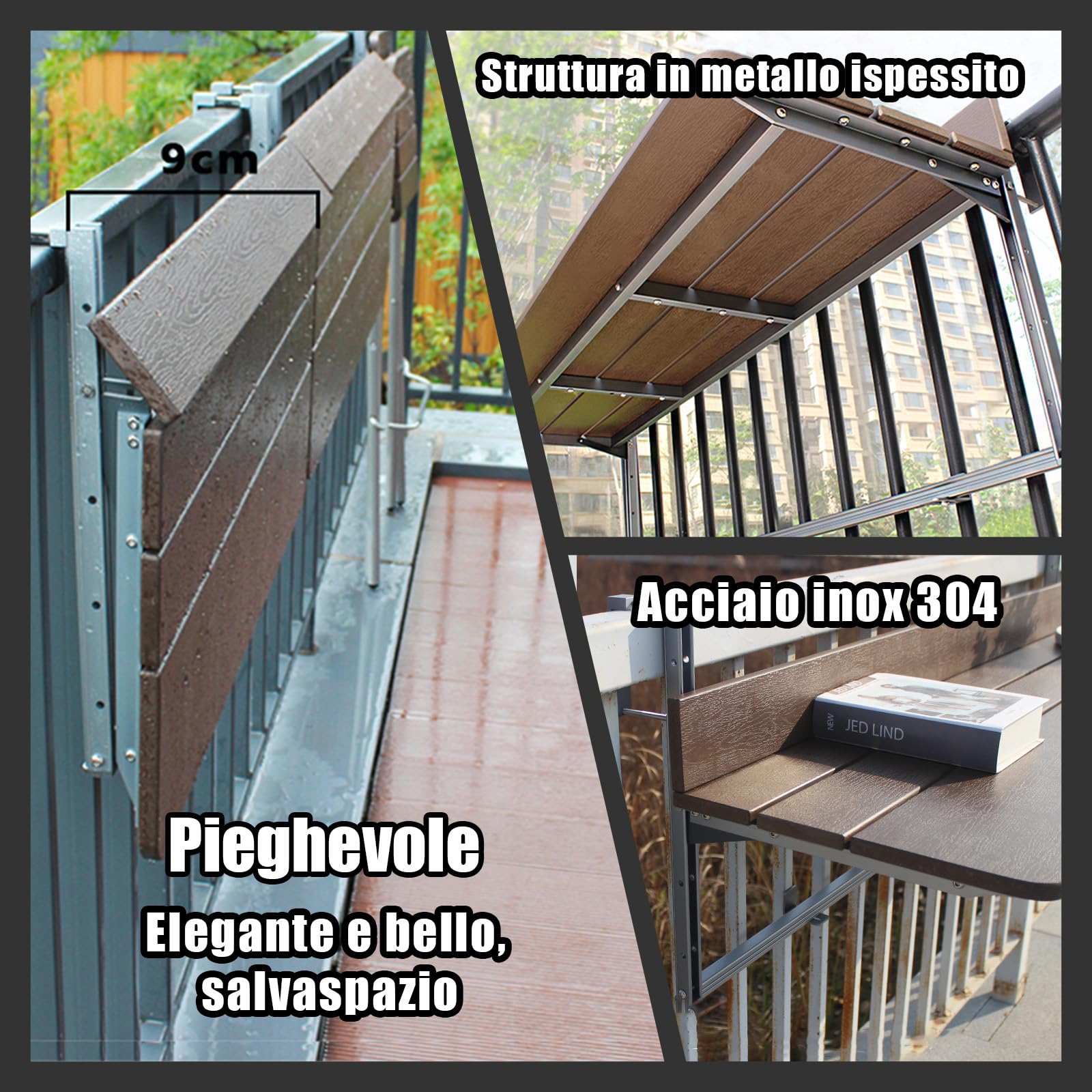 Tavolino da Ringhiera Balcone Pieghevole - Design Salvaspazio, Montaggio Rapido Senza Fori - Lega Alluminio Resistente & Materiale Ecologico per Esterni (Tavolo L 120 x P 37 cm)