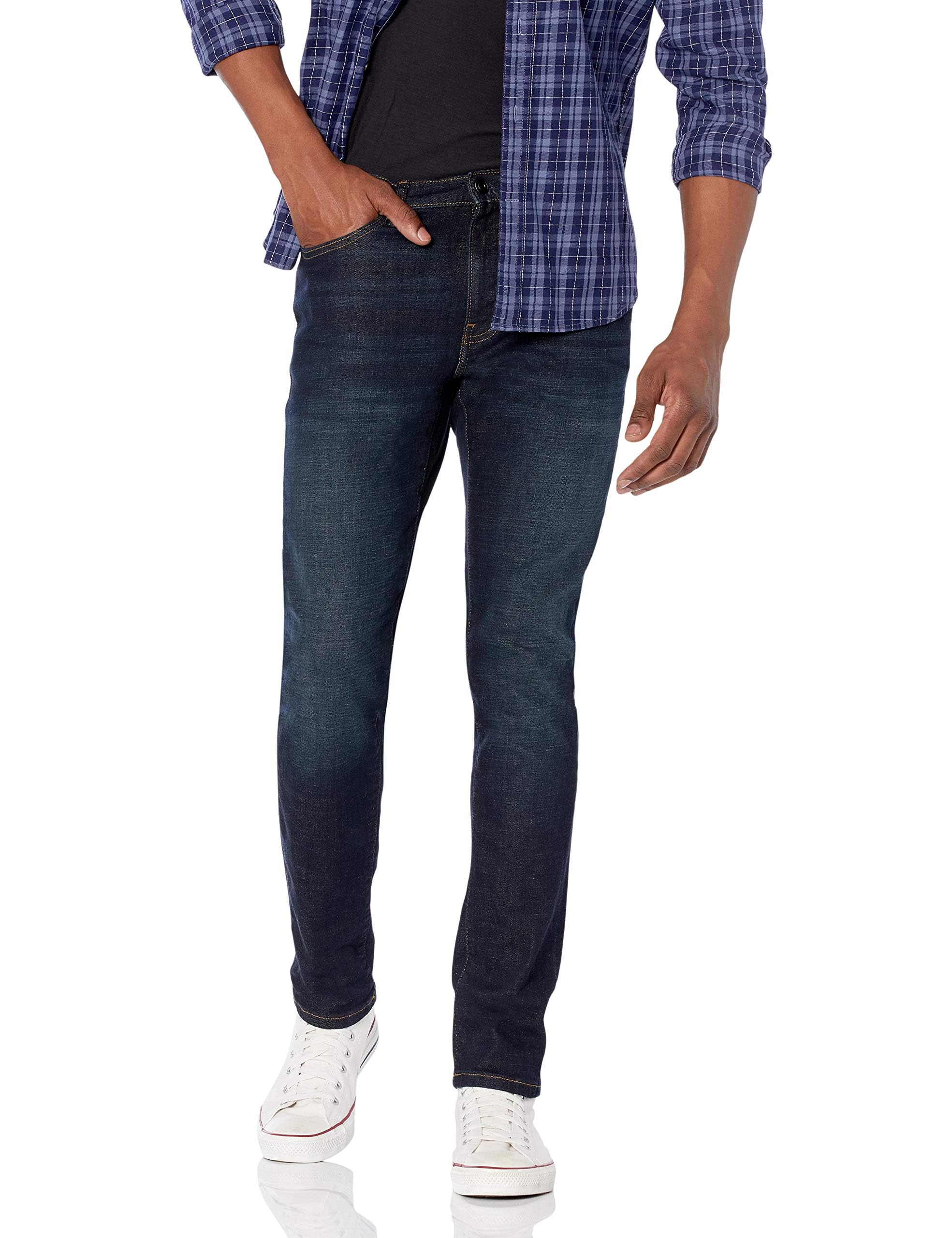 Amazon Essentials Men's Skinny-Fit Stretch Jean - Discontinued Colours, Dark Indigo/Rinsed, 28W / 32L