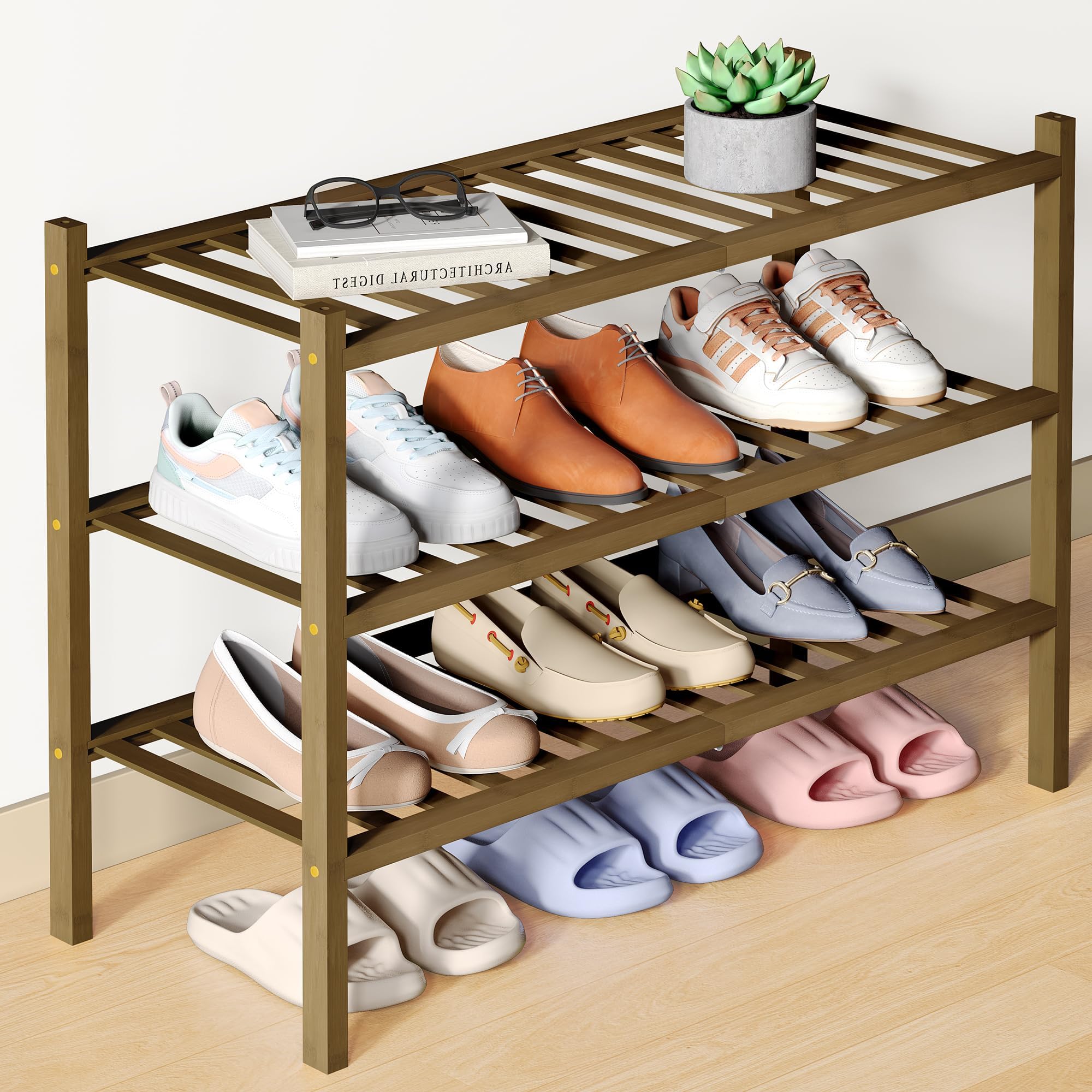 smiry Natural Bamboo Shoe Rack, 3 Tier Wooden Stackable Shoe Storage Organiser, Free Standing Shoes Storage Shelf for Entryway, Hallway, Small Spaces, Living Room, Walnut