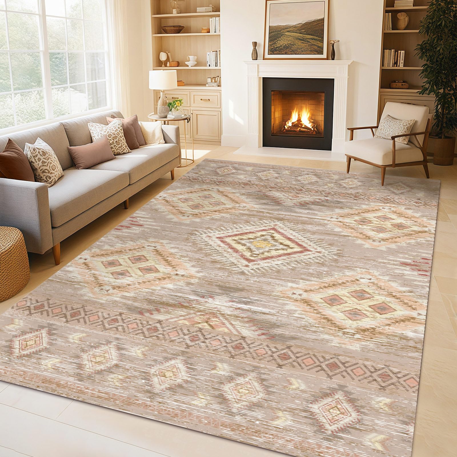 Washable Boho Area Rug 5'×7' Khaki Brown Yellow Boho Large Living Room Rug Western Geometry Non-Slip Soft Colorful Oriental Vintage Bedroom Carpet