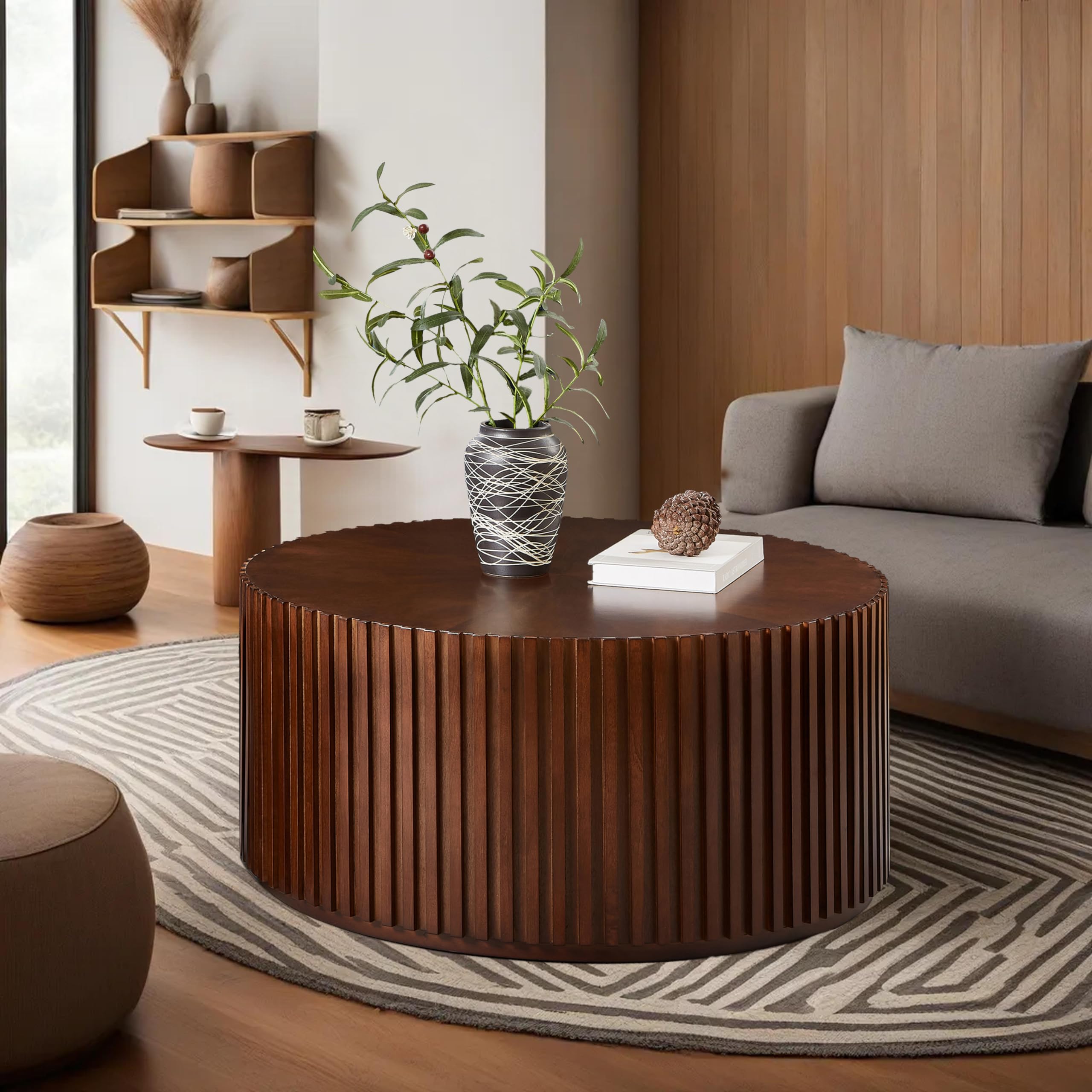 Wooden Coffee Table for Small Space, Modern Handcraft Drum Table (Espresso, 31x31x16 in)