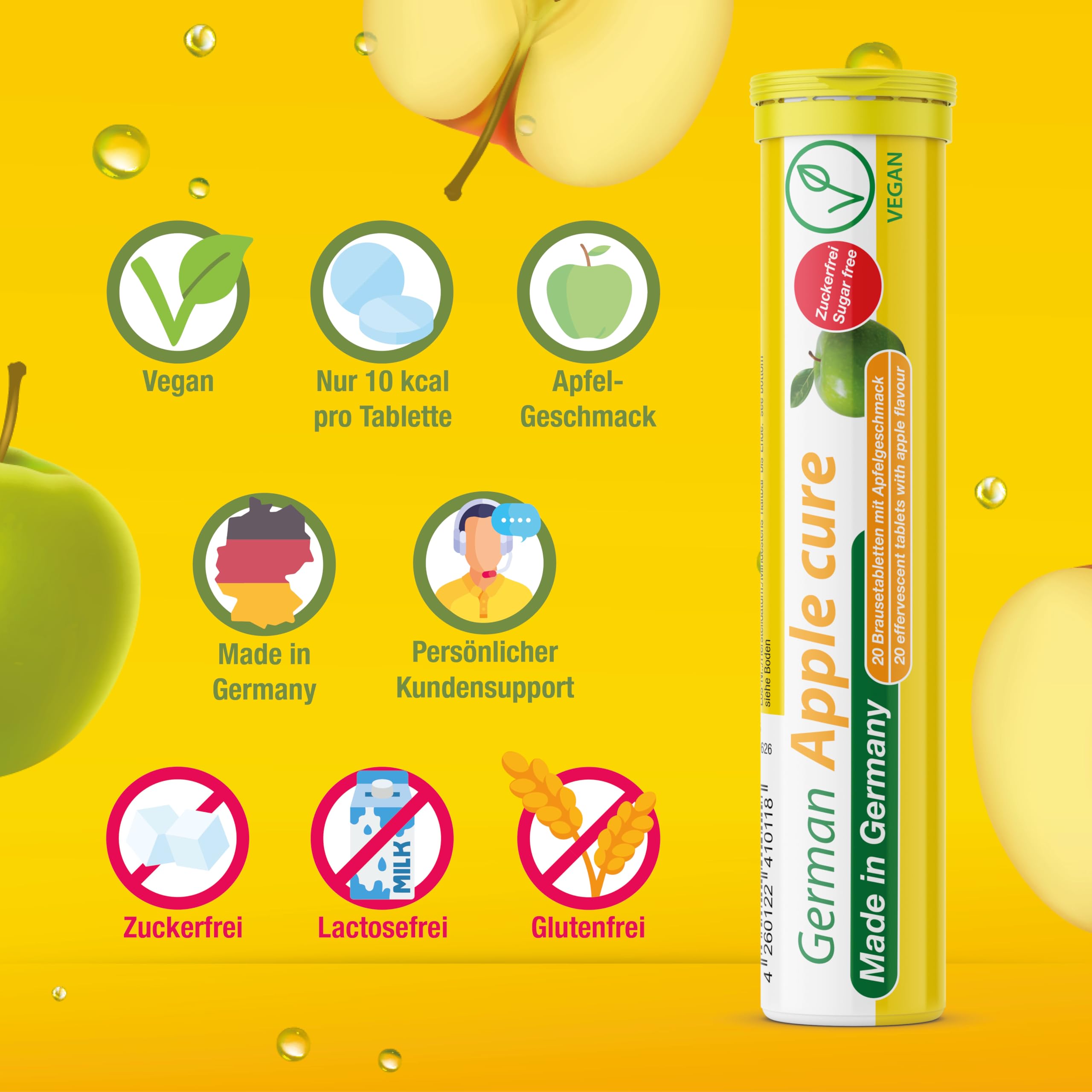 T&D German Apple Cure 140 Brausetabletten - Vegan, Zuckerfrei - Apfelessig + Vitamin B6 - Made in Germany