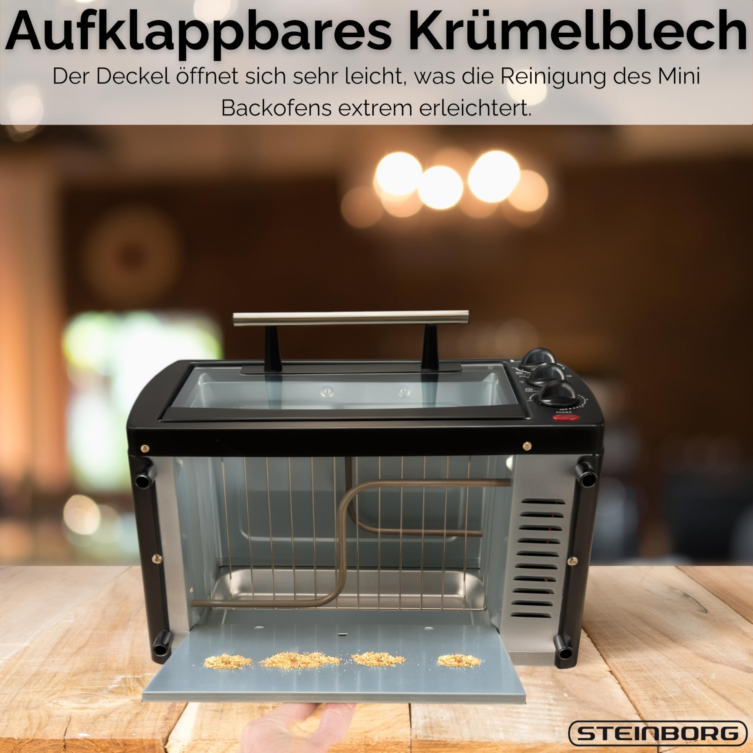 Mini Backofen 13 Liter 1200 Watt Pizzaofen 65°-230°C Timer aufklappbares Krümelblech Minibackofen Kleiner Oven