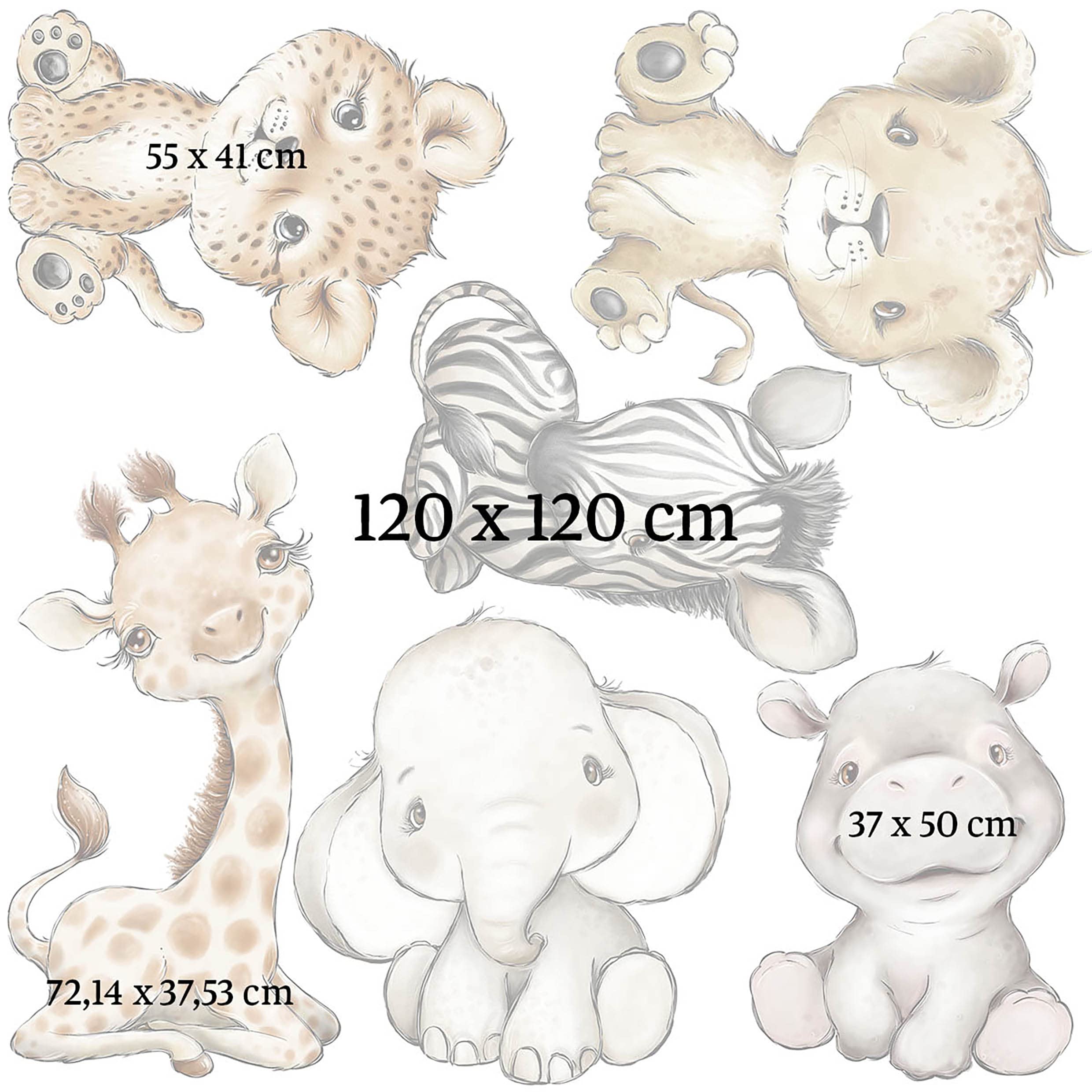 WANDKIND Tiere Afrika Wandtattoo Safari Kinderzimmer V351 | handgezeichnet | AUFKLEBER Kindergarten | Wandsticker Dschungel mit Löwe Elefant Giraffe Nilpferd Zebra Tiger (120 x 120 cm)