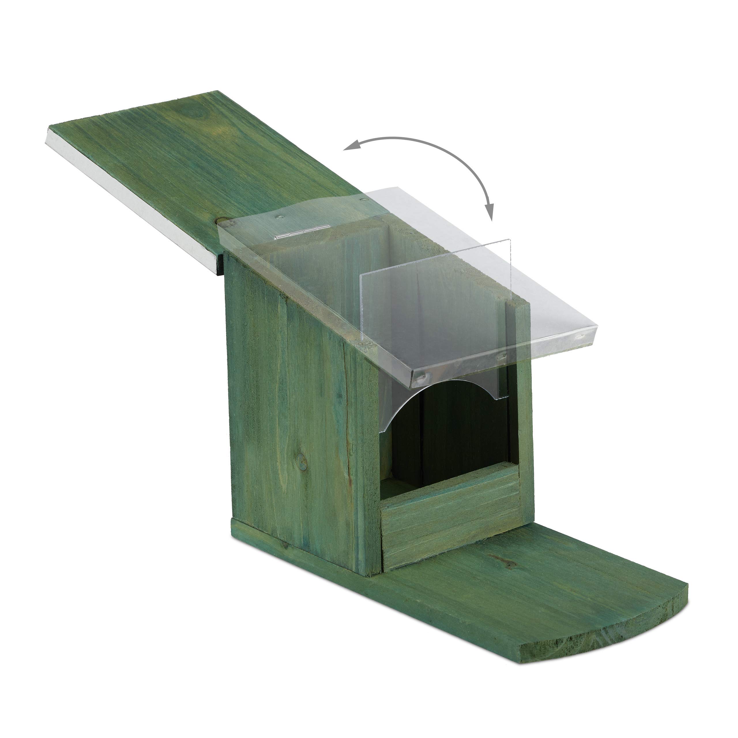 relaxdays Mangiatoia per Scoiattoli in Legno e Tettuccio Metallico Resistente alle Intemperie, Colore Verde Scuro