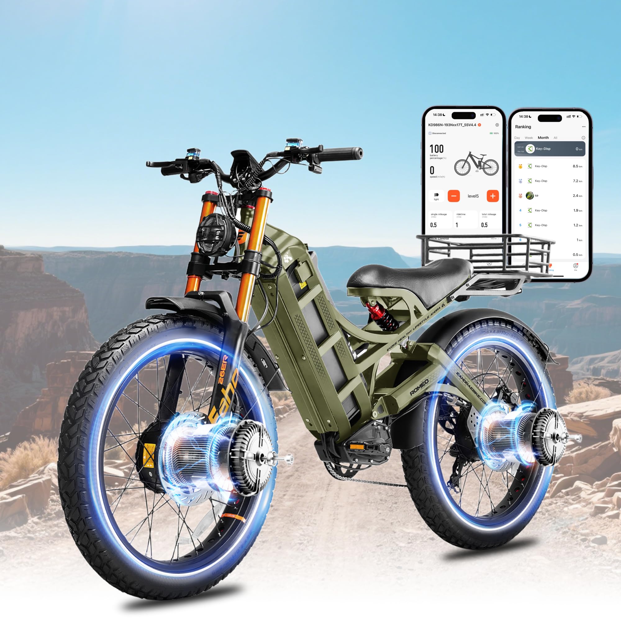 eAhora Romeo Pro 3/2 [2025] 46-50 Mph Electric Bike for Adults, Peak 5600W Dual Motor Ebike, 60V 80Ah 250 Miles Long Range E Bike, 26”*4.0 Fat Tire Air Full Suspension Off-Road E-Bike