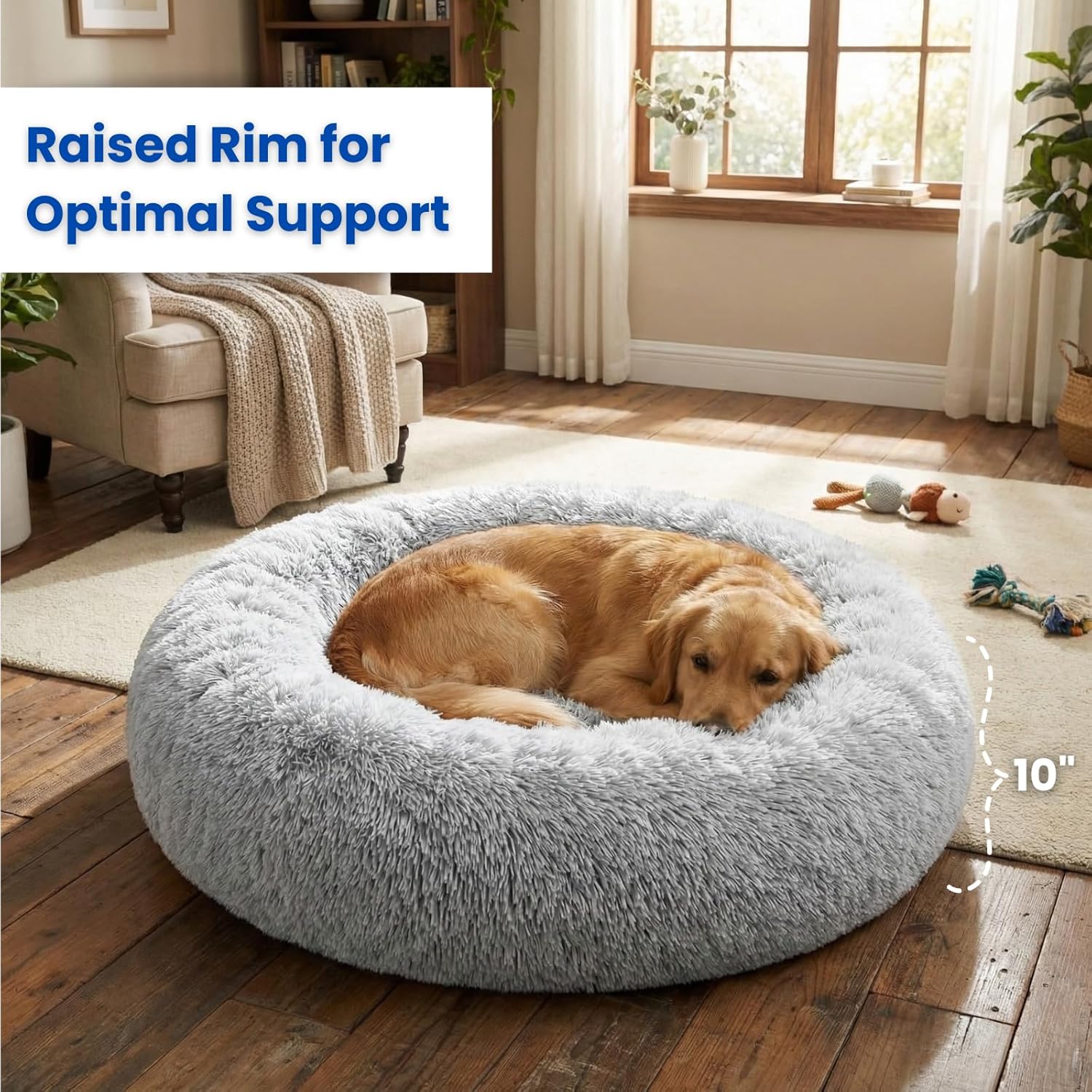 Calming Pet Bed with Water-Resistant Inner Liner – Anti-Anxiety Donut Dog & Cat Bed with Removable Washable Cover – Supportive Plush Nest, Non-Slip & Cushion Protection – Large, Grey