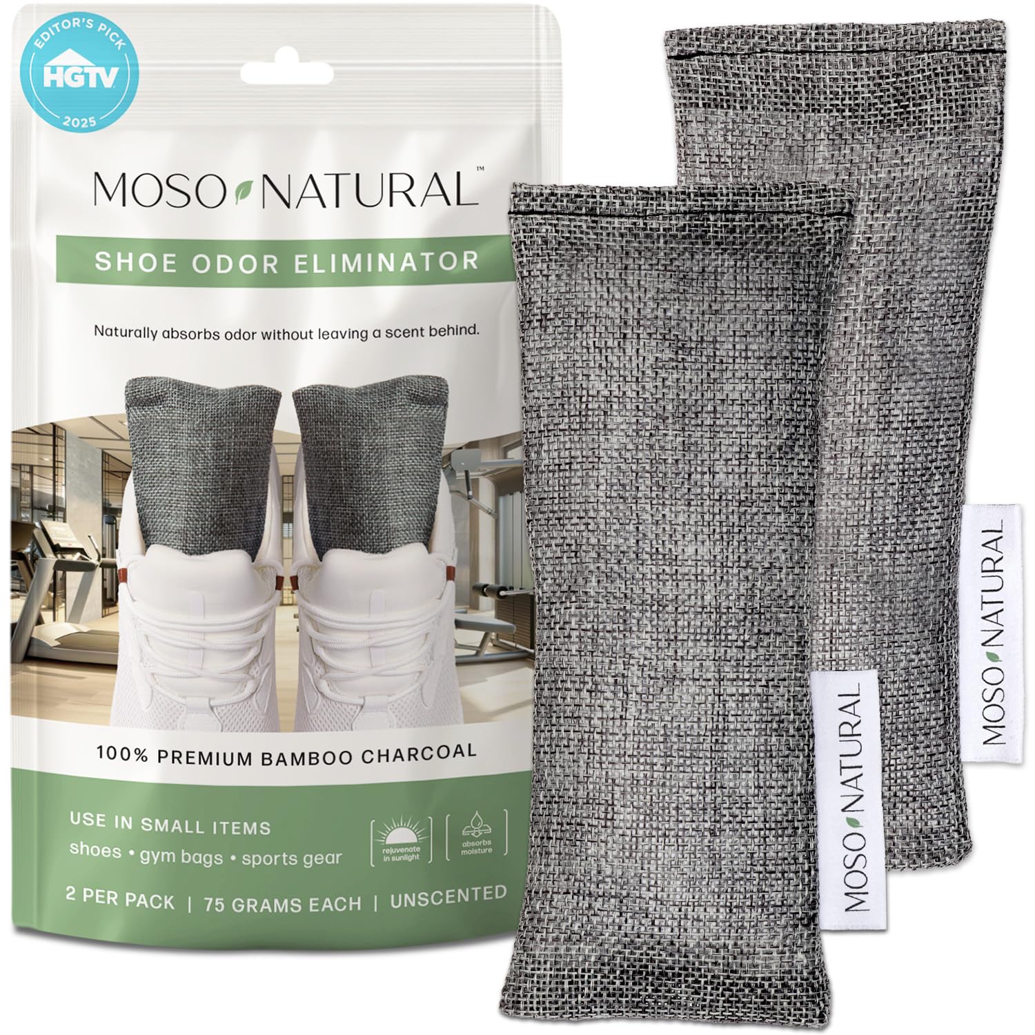 MOSO NATURAL Odor Absorbers, Eliminator For Shoes, Gym Bags&Sports Gear. Premium Moso Bamboo Charcoal Air Purifying Bag And Deodorizer 75Gm*2 (Two Bags Per Package)| Lasts up to 2 years! Long Lasting