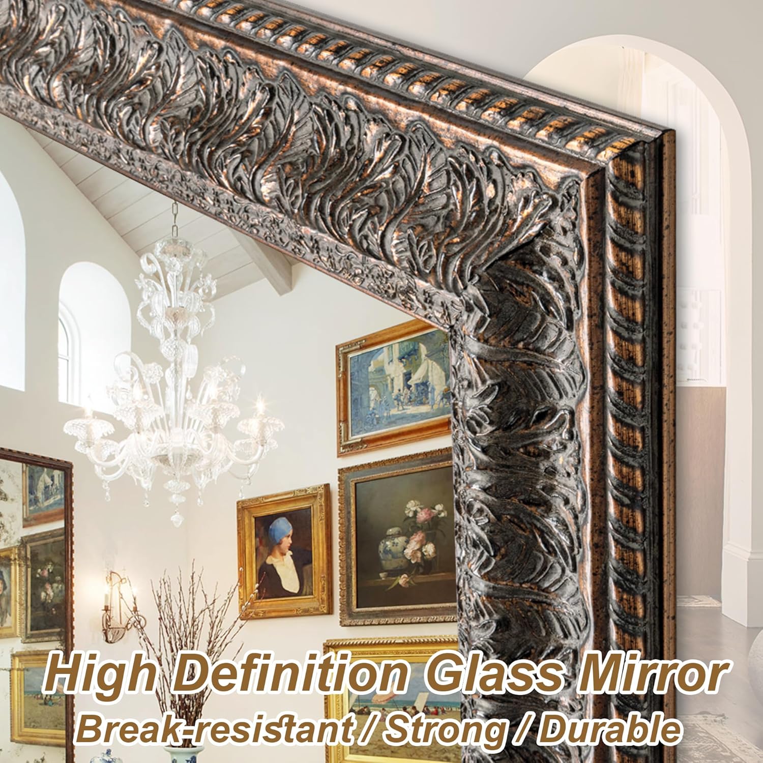 Chende Long Narrow Mirror for Decor, 48" L x 24" W Large Ornate Wall Mirror with Bronze Wood Leaf Frame, Rustic, Elegant Wooden Wall Decoration for Bathroom, Entrance, Fireplace