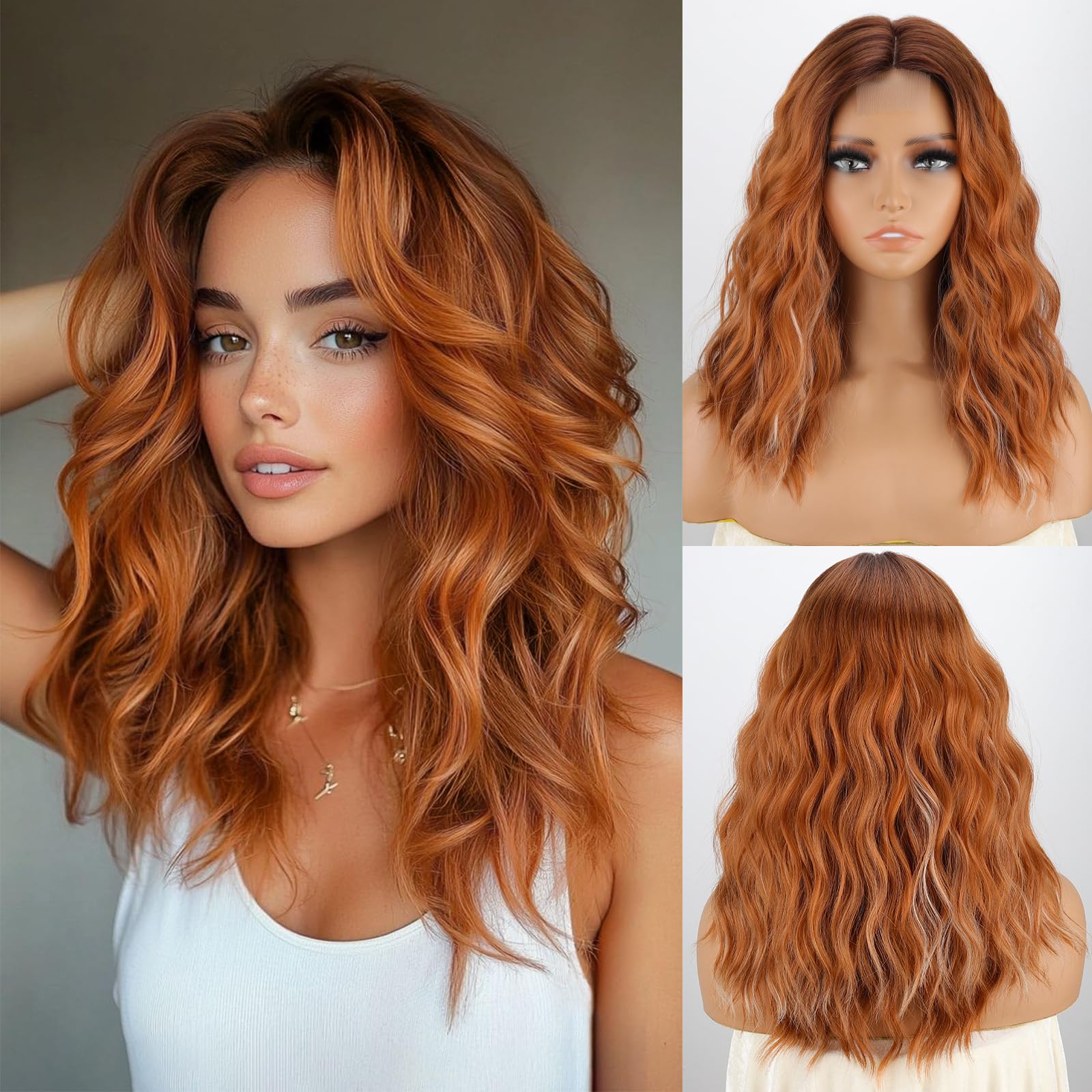 MISSQUEEN Ombre Ginger Wavy Wig for Women Short Bob Style Synthetic Heat-resistant Natural Realistic Medium Length Wig for Everyday Hairstyle Cosplay