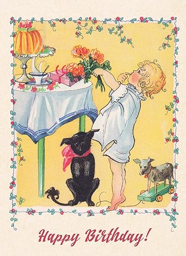 PIXILUV Tarjeta de felicitación de feliz cumpleaños Lindo niño con flores para la mesa Deseos de cumpleaños Vintage Tarjeta de felicitación grande