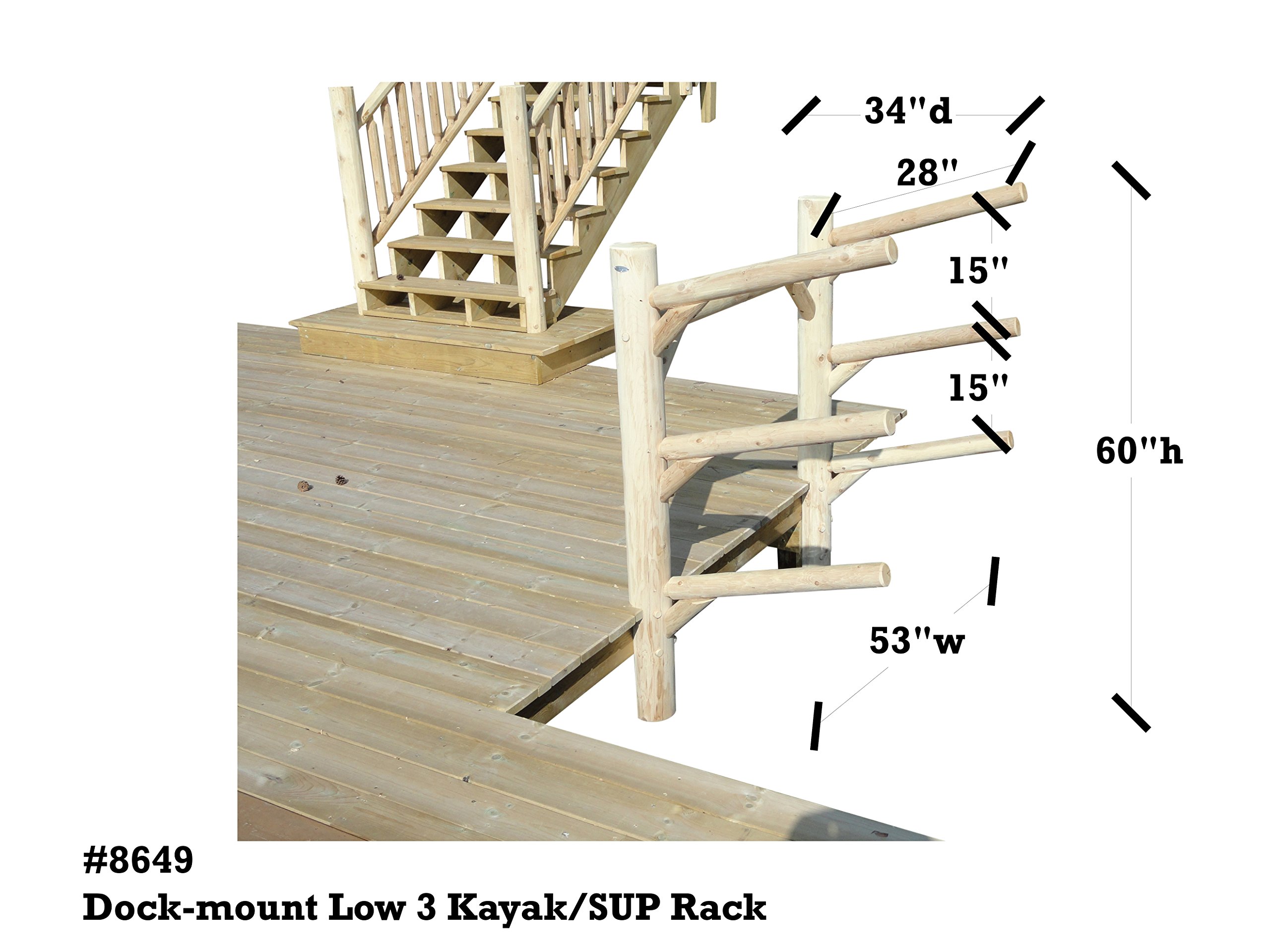 Log Kayak Rack - 3-Place Low Dock-Mounted Kayak/SUP Log Rack, Outdoor Kayak Storage Rack, Surfboard Mount, SUP Surf Racks, Paddle Board for Dock, Outdoor Log Racks - Canyon Brown