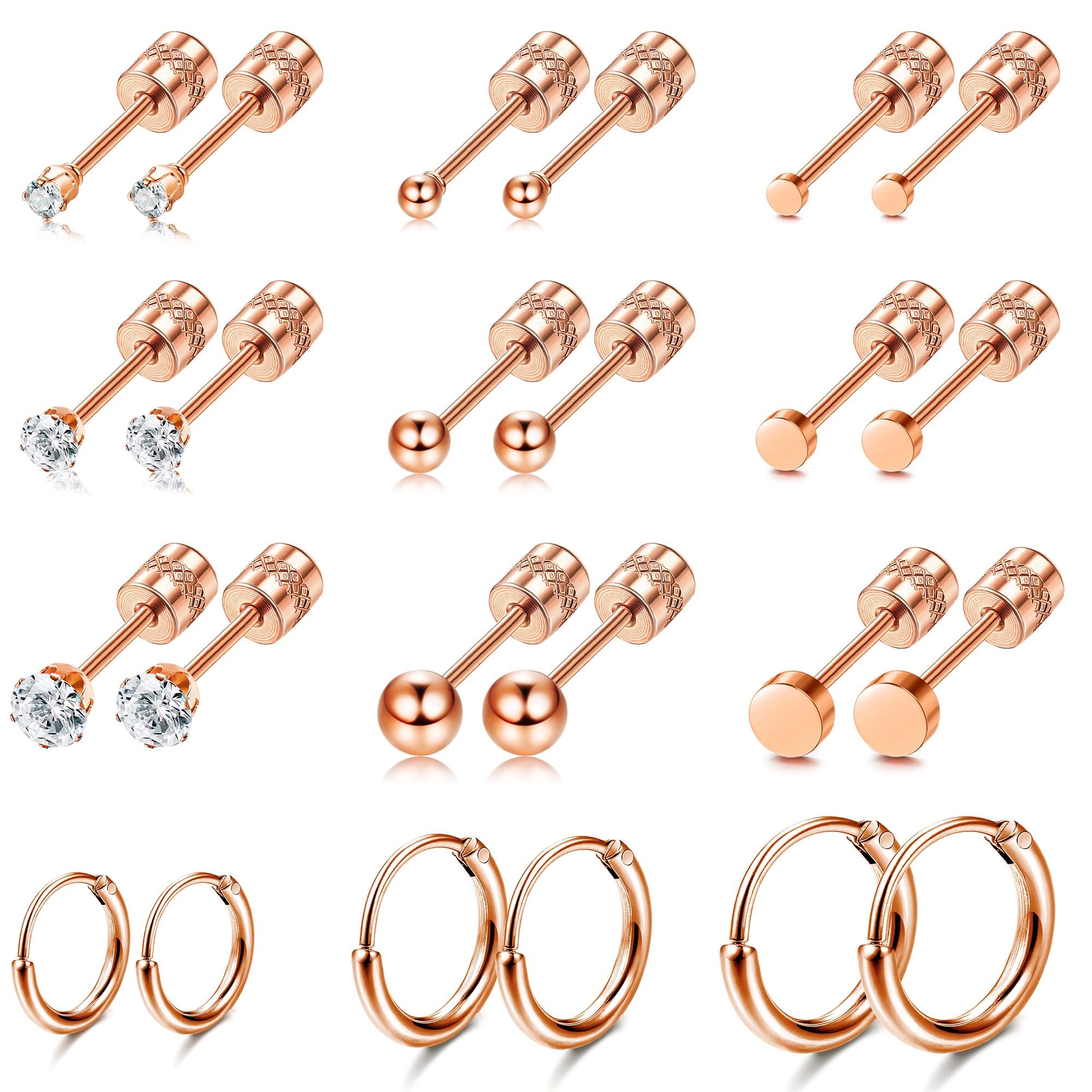 BESTEELTiny Ball CZ Screw Back Surgical Steel Stud Earrings for Women Men 14K Gold Plated Small Huggie Hoop Earrings Sleeper Studs for Sensitive Ears