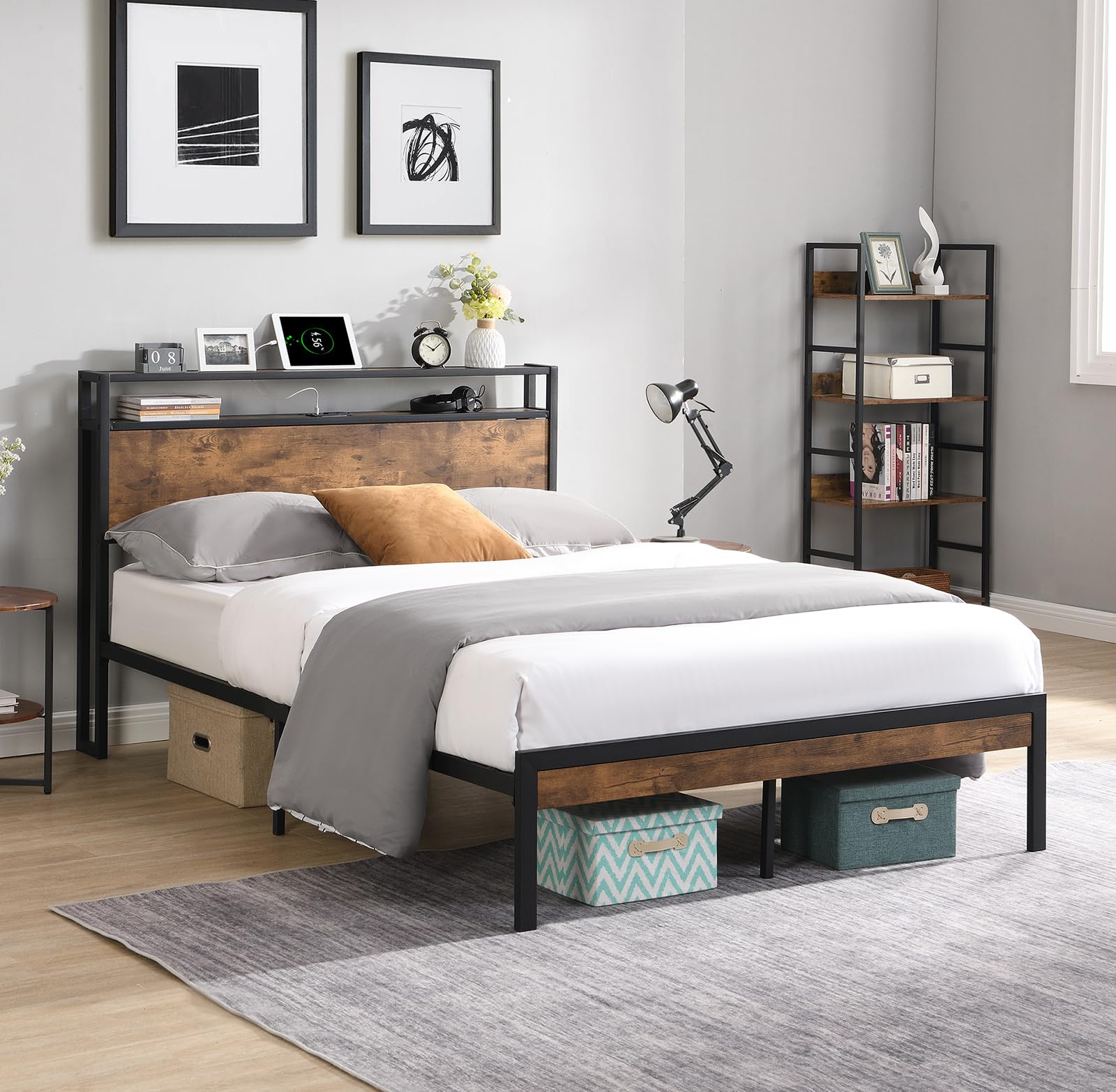 King Size Metal Platform Bed Frame with Wooden Headboard Footboard USB Ports Under Bed Storage Mattress Foundation No