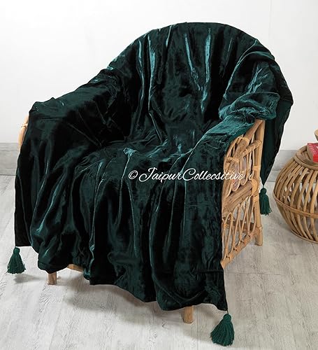 Miniatura 2 de Manta de terciopelo verde musgo triturado de lujo con borlas terciopelo suave bohemio para sala de estar 472 x 709in UO