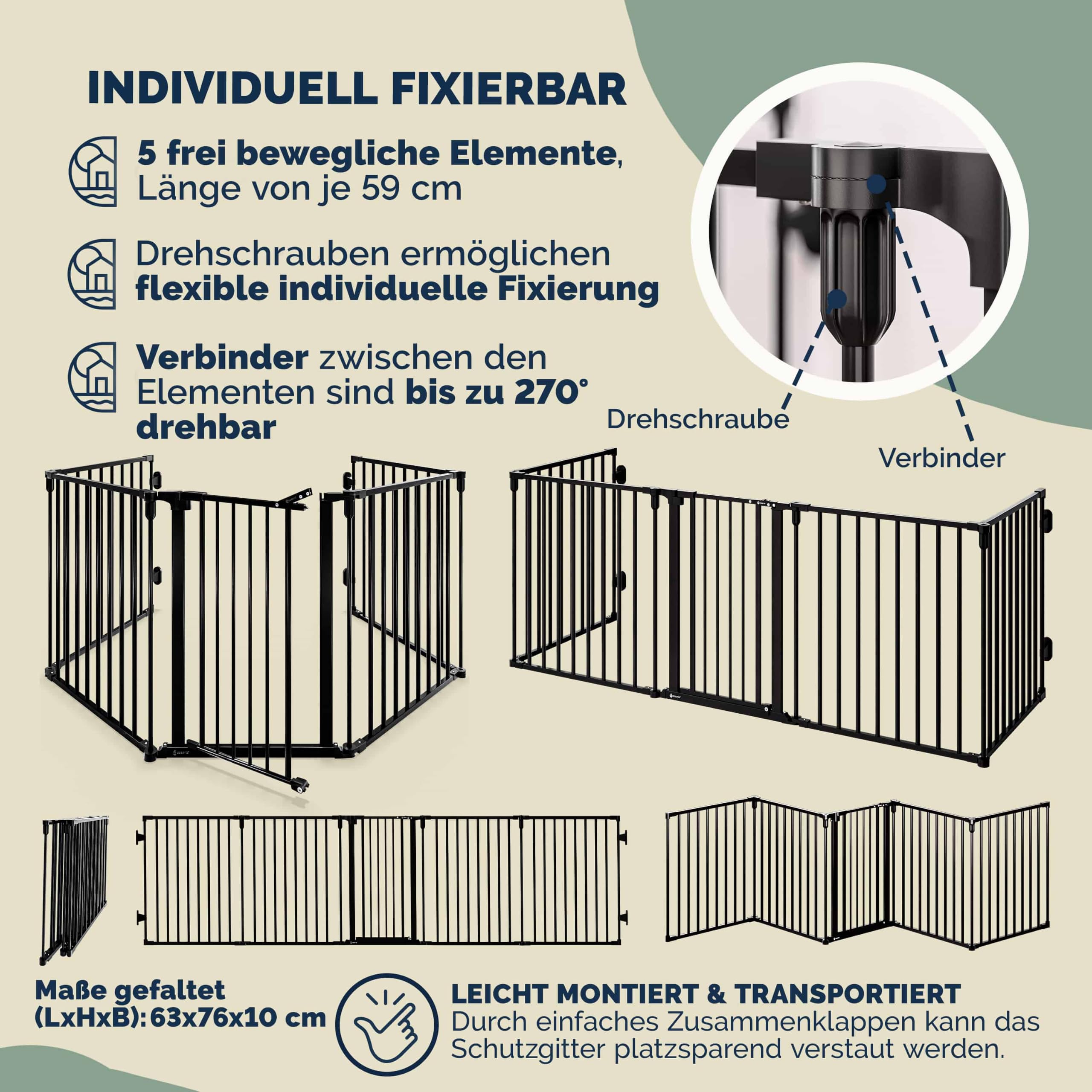 CASARIA Kaminschutzgitter Baby mit Sicherheitstür Metall 2X | 306x76 cm, ohne Bohren, Hundegitter, Kinderschutz, Türschutzgitter, Absperrgitter, Flexibler Einsatz als Laufstall, Schwarz