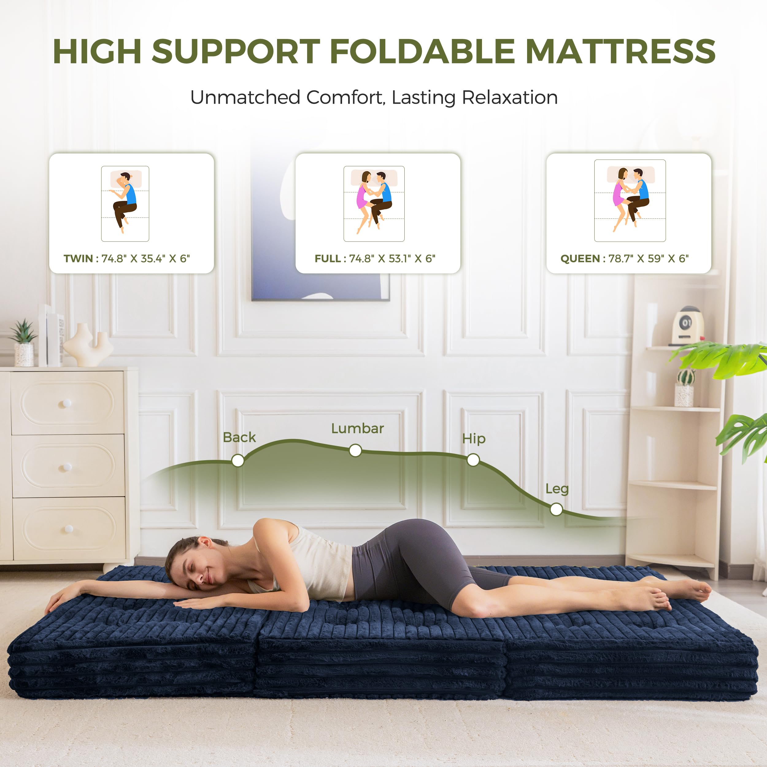 MAXYOYO Matelas składany 190*135*15cm, Matelas składany wypełniony 15 cm z powłoką z wysokiej jakości sztucznego futra, składany futon do salonu/pokoju gościnnego w trzech częściach