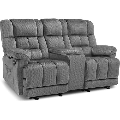MCombo Fabric Power Loveseat Recliner with Console, Electric Reclining Loveseat Sofa with Heat and Vibration, USB Charge Ports for Living Room RS6234 (Grey, Loveseat with Console)