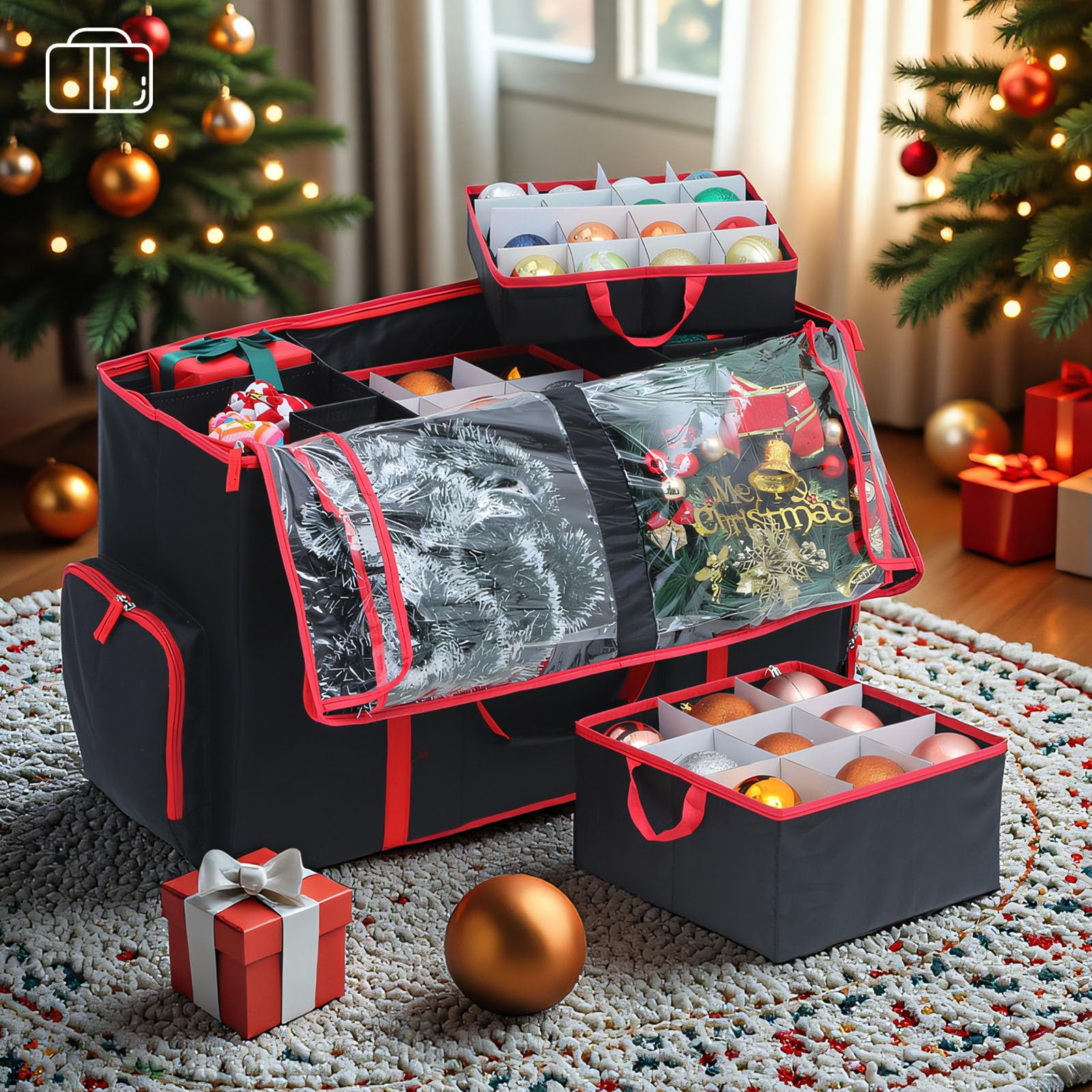 Weihnachtskugeln Aufbewahrung, Aufbewahrungsbox für Weihnachtskugeln mit Deckel, Large Pocket, 600D Oxford-Gewebe, 5 Tabletts, Doppelreißverschluss (Rot,71x31x45cm)