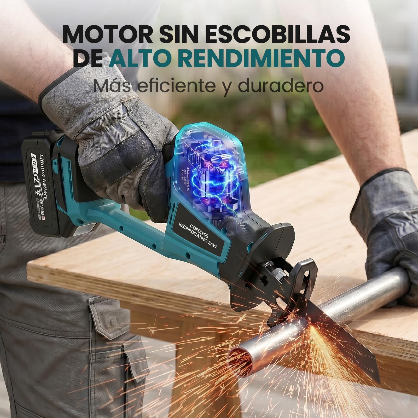 Sierra Sable Inalámbrica con 2 Baterías 4.0Ah, Sierra Sable Bateria con Motor Brushless 3100 SPM, Carrera de 22 mm, Velocidad Variable, 4 Hojas, Luz LED, Maletín y Cargador para Madera, Metal y PVC