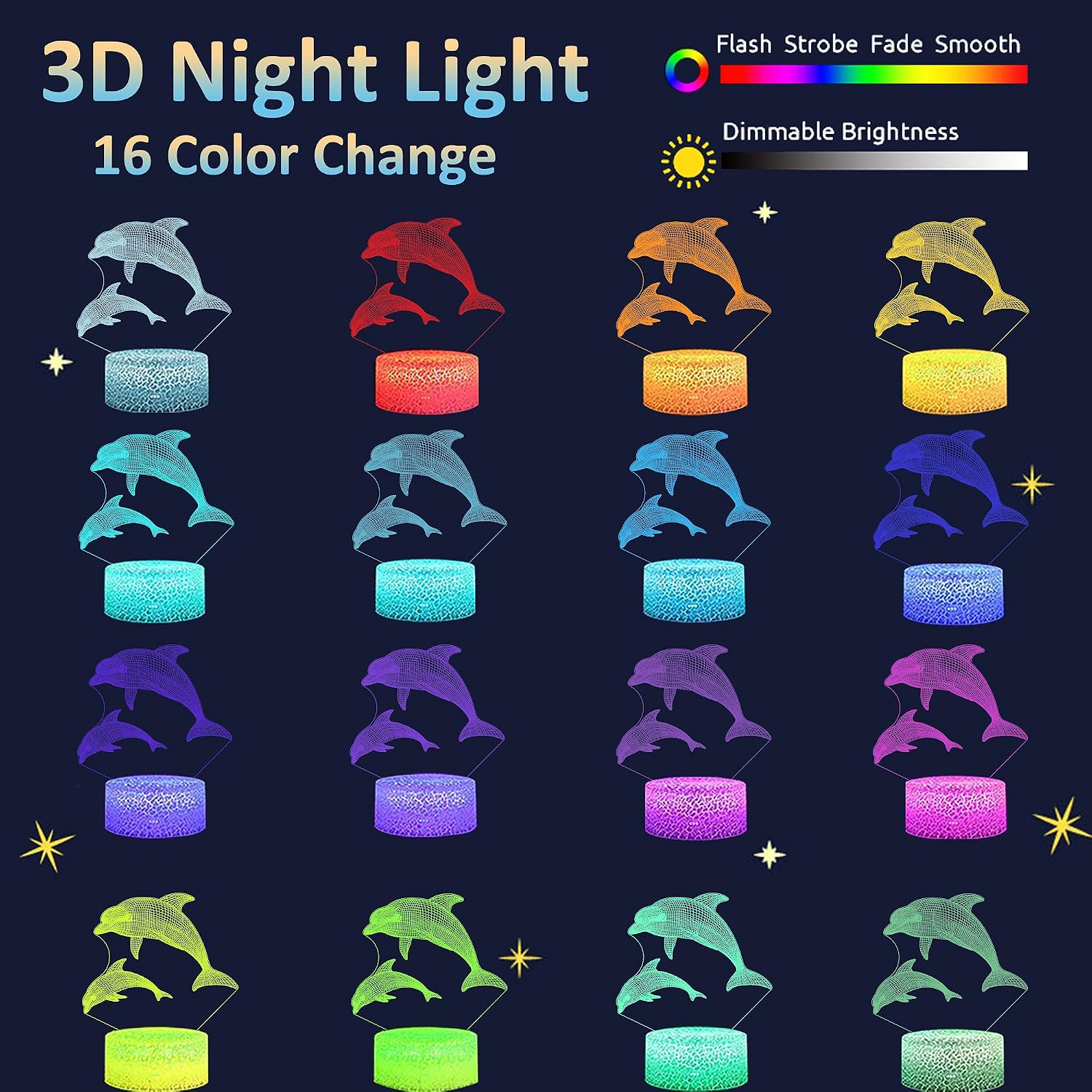 Attivolife Dolphin 3D Night Light for Kids Ocean Animals Illusion Lamp 16 Colors Changing with Remote + Timing + Dimmer - Image 4