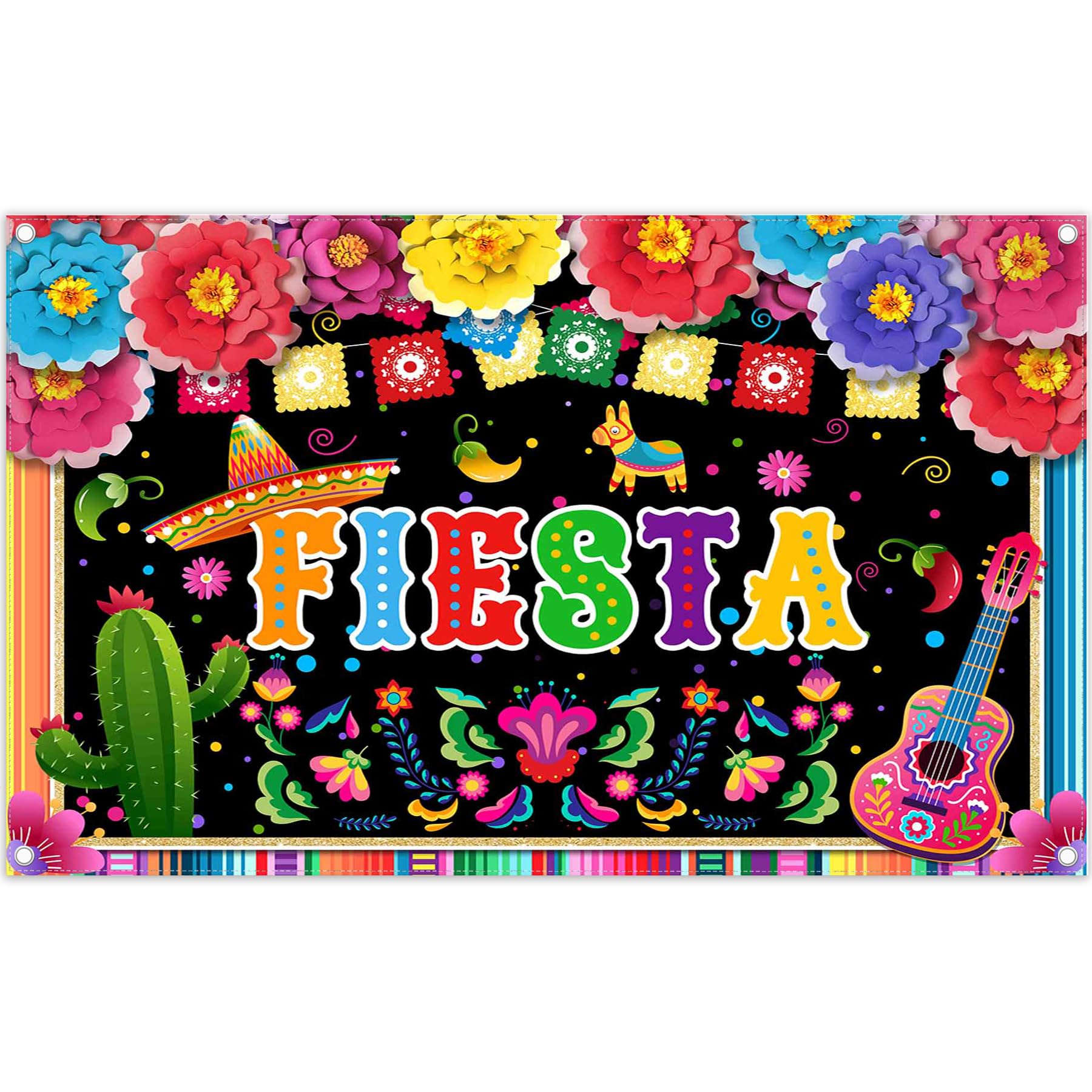ZTHMOE 72x43inch Fabric Mexican Fiesta Backdrop Cinco De Mayo Colorful Flags Flowers Photography Background Birthday Party Decorations Photo Banner